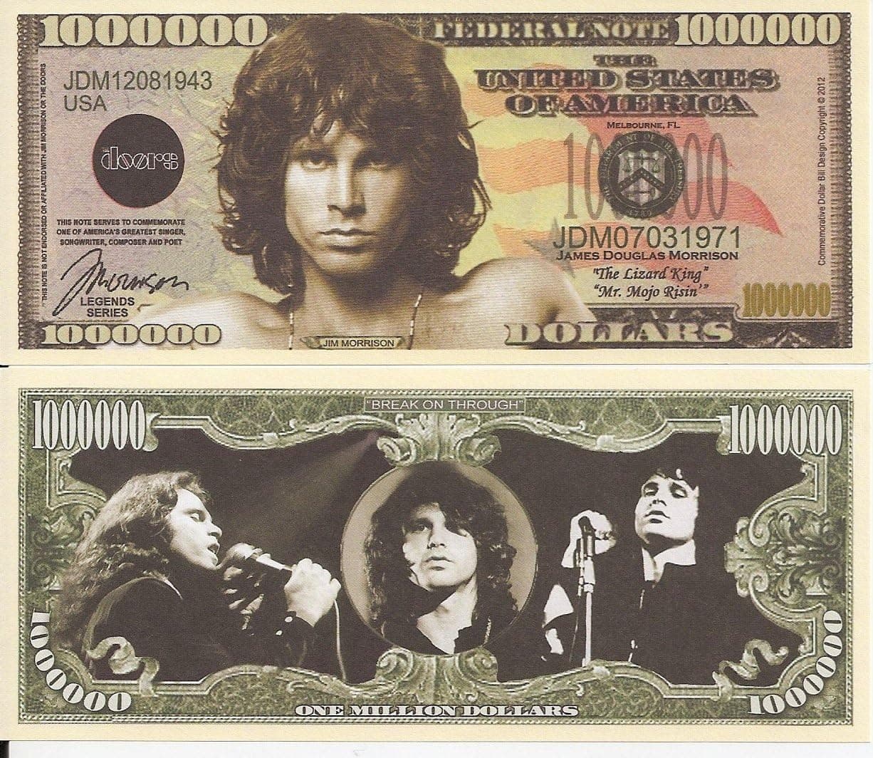 Jim Morrison $Million Dollar$ Novelty Bill Collectible