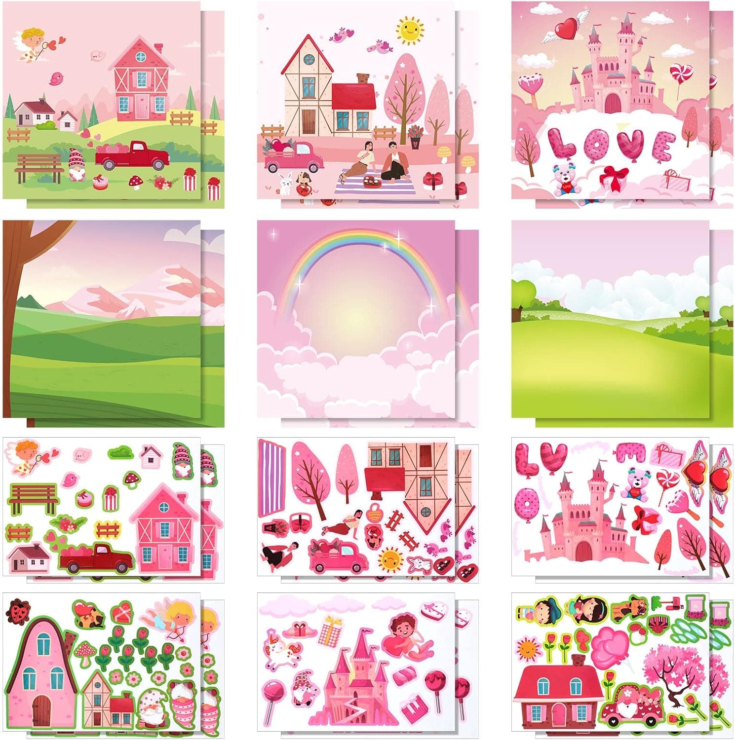 24 Pcs Valentine's Day Stickers Scene for Kids Make Your Own Stickers with Sweet House Scene Cardboard with Heart Cupid Elf Bird for Preschool Classroom DIY Valentine's Day Party Decoration (Romantic)