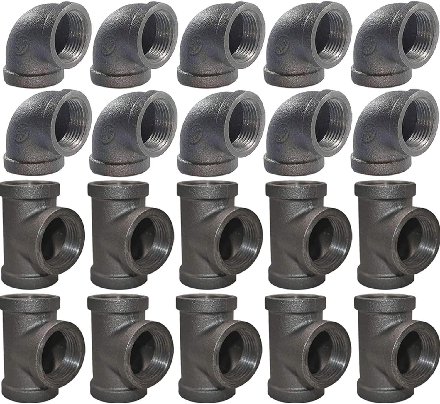 Brooklyn Pipe 3/4 Inch Elbow Tee Combo Pack (10 Elbows, 10 Tees) Threaded Pipe, 90 Degree Pipe Elbow Tee Decorative Iron Piping, Metal Cast Pipe Fittings For DIY Furniture Projects