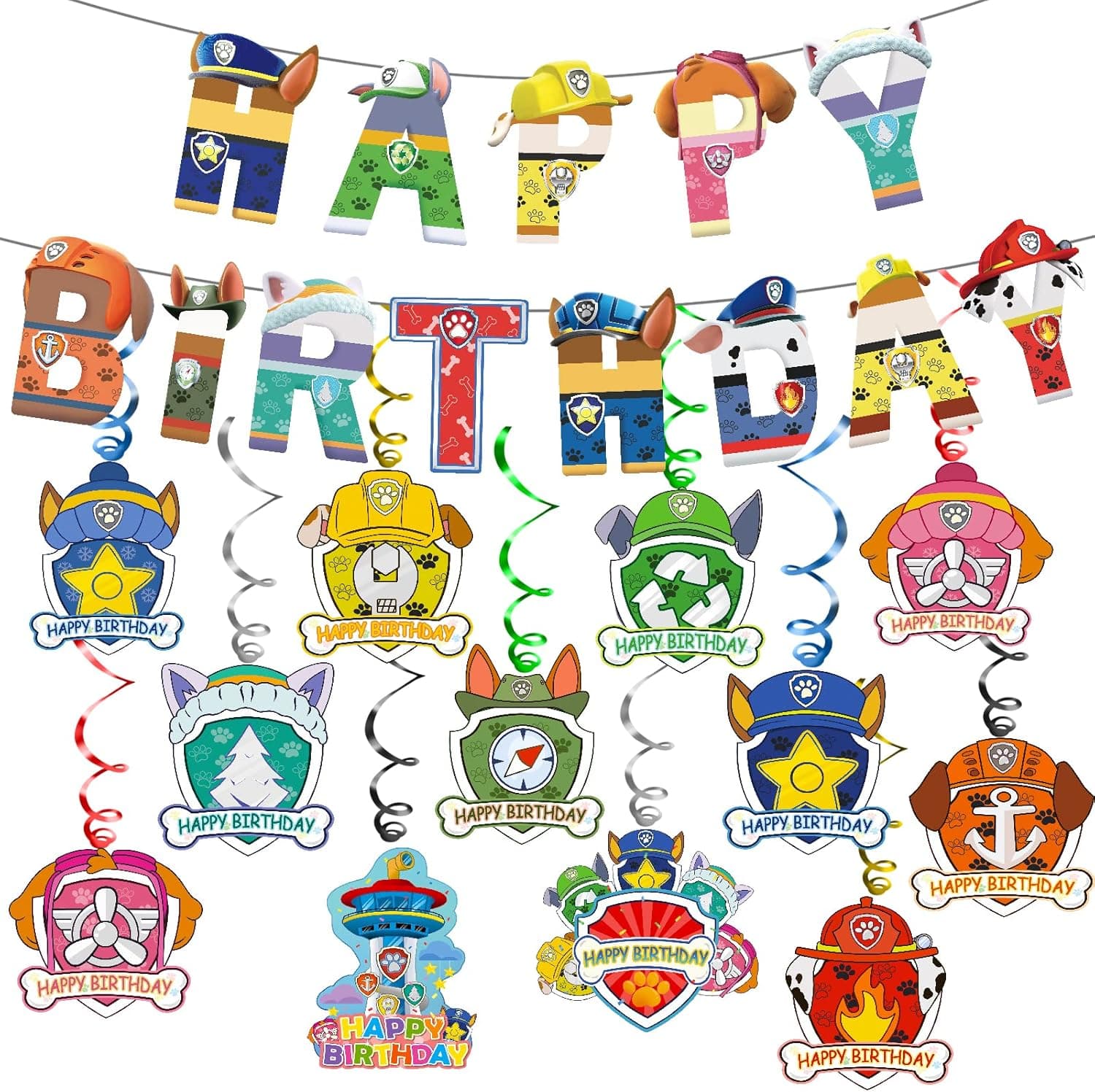 Yeniu Cartoon patrol dog birthday decorations, puppy anime theme including happy birthday banner, hanging swirls, party supplies suitable for children.