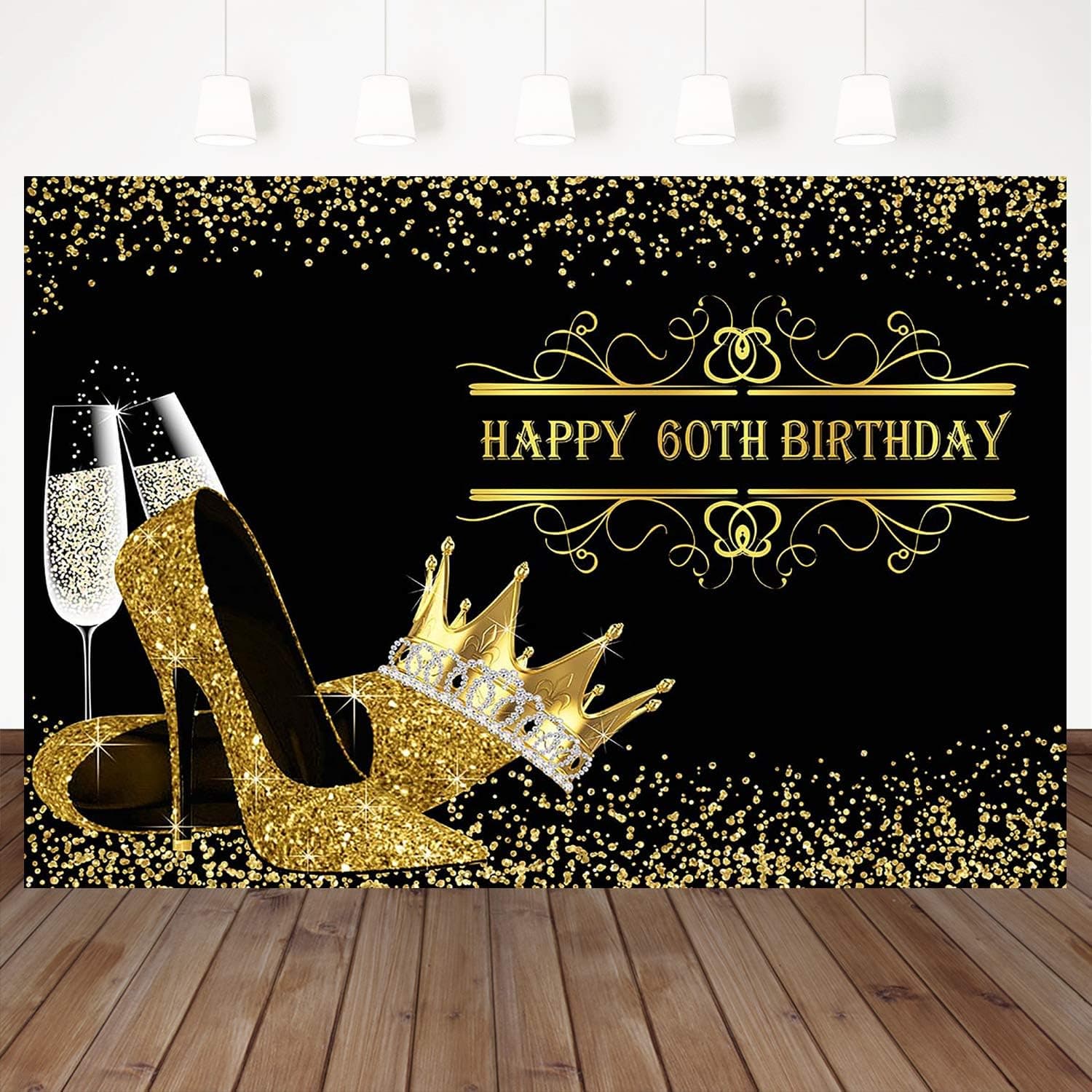 Mehofoto Happy 60th Birthday Backdrop Gold Crown Heels Decorated Background 8X6Ft Vinyl Birthday Party Wine Glasses Decorated Background Booth Banners Decorated With Custom Photography Backdrops Props