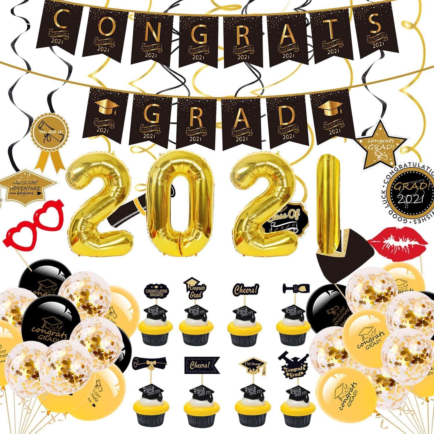 100 Pcs Graduation Party Decorations,Congrats Grad Graduation 2021 Party Supplies Set Party Packs with Balloons,Banners&Cupcake Toppers