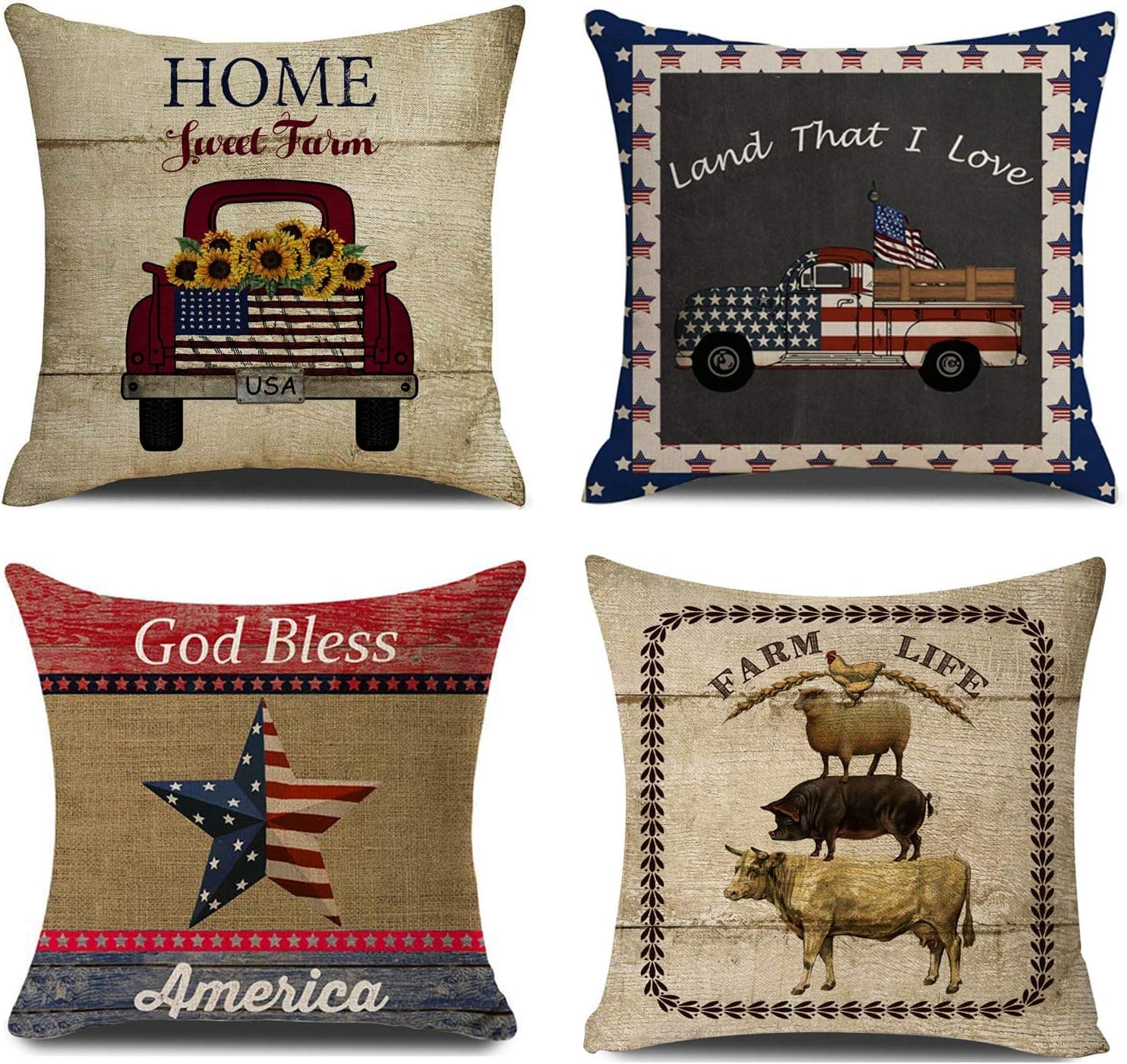 NYDECOR Farmhouse Throw Pillow Covers American Flag Pillow Case Quotes Cotton Linen Rustic Farm Cushion Cover for Couch Sofa Bed 18x18 Set of 4 Housewarming Gifts