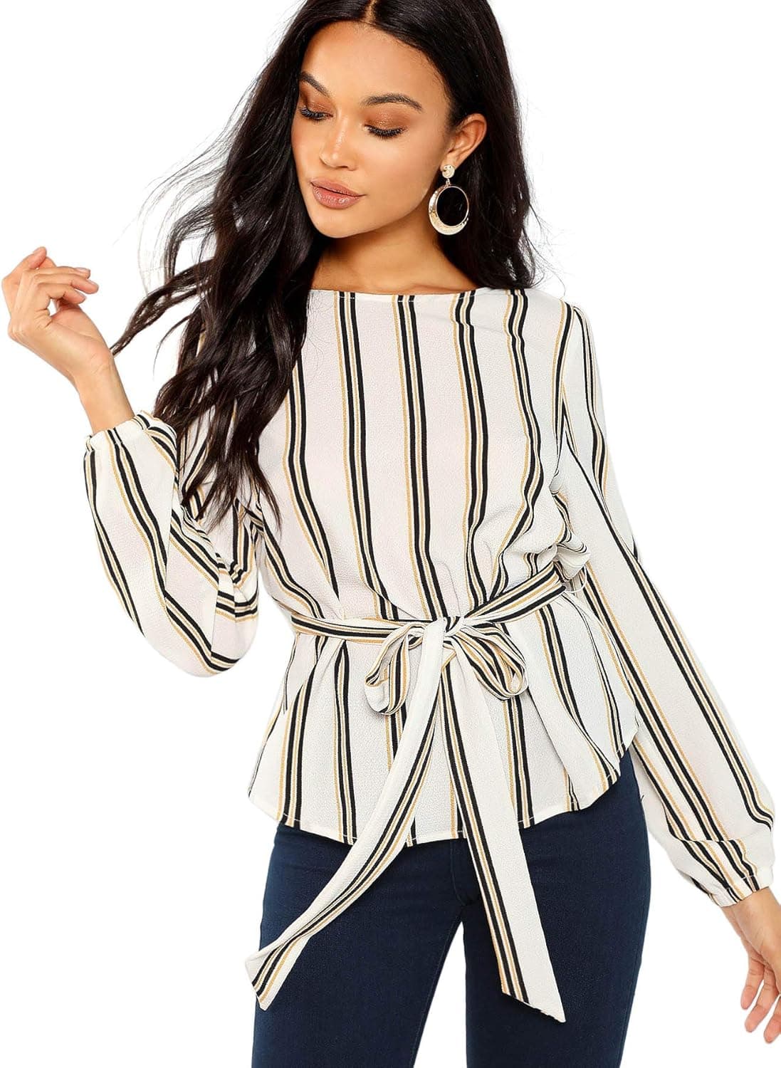 Romwe Women's Self Belted Striped Print Casual Blouse Top Shirt