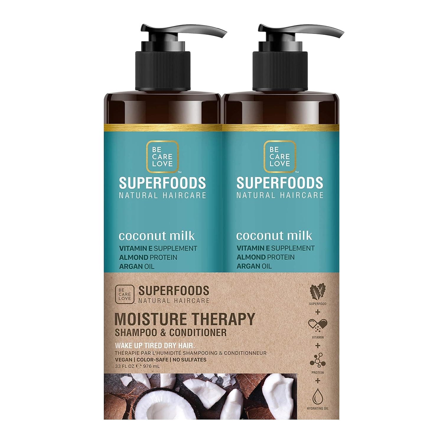 Be Care Love SuperFoods Weightless Moisture Therapy Shampoo & Conditioner Duo, Coconut Milk, 12 Fl Oz (Pack of 2)