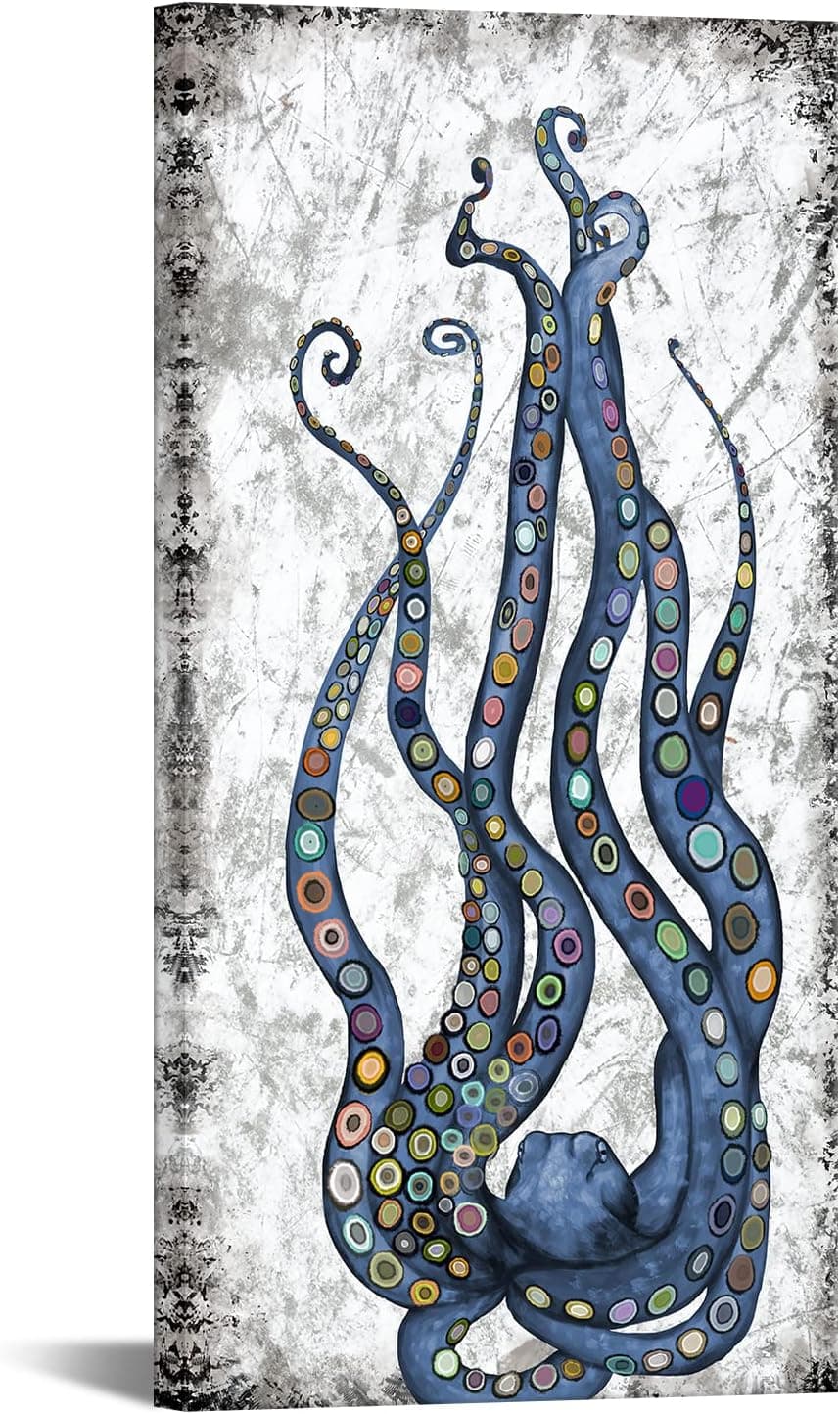 iKNOW FOTO Vertical Canvas Wall Art Abstract Grey and Blue Octopus Painting Printed on Canvas Sea Life Picture Poster Gallery Wrap Vintage Farmhouse Home Décor Ready to Hang 20x40 Inches