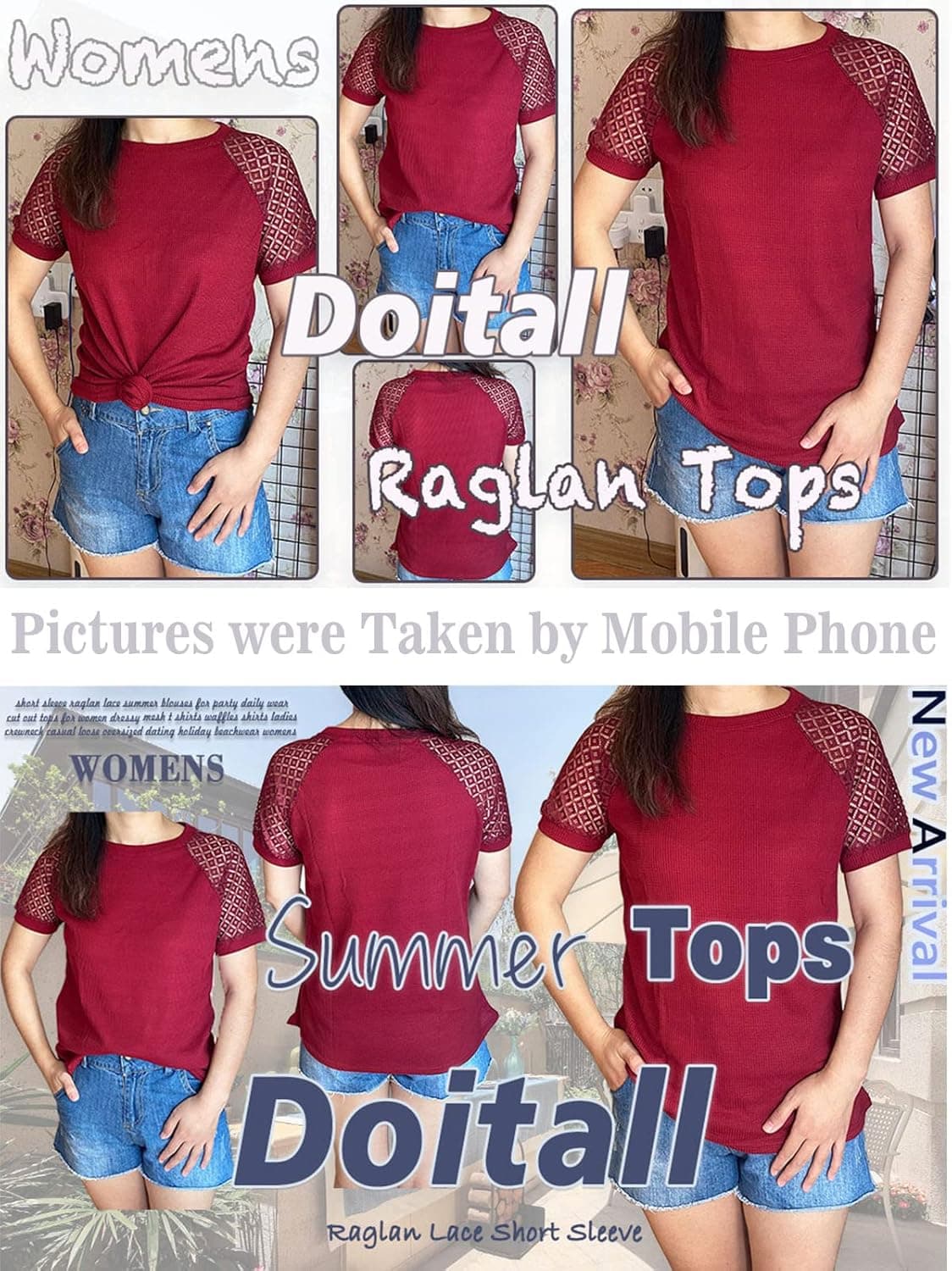 Doitall Crewneck Raglan Short Sleeve Waffles Summer Blouse Shirt Tops