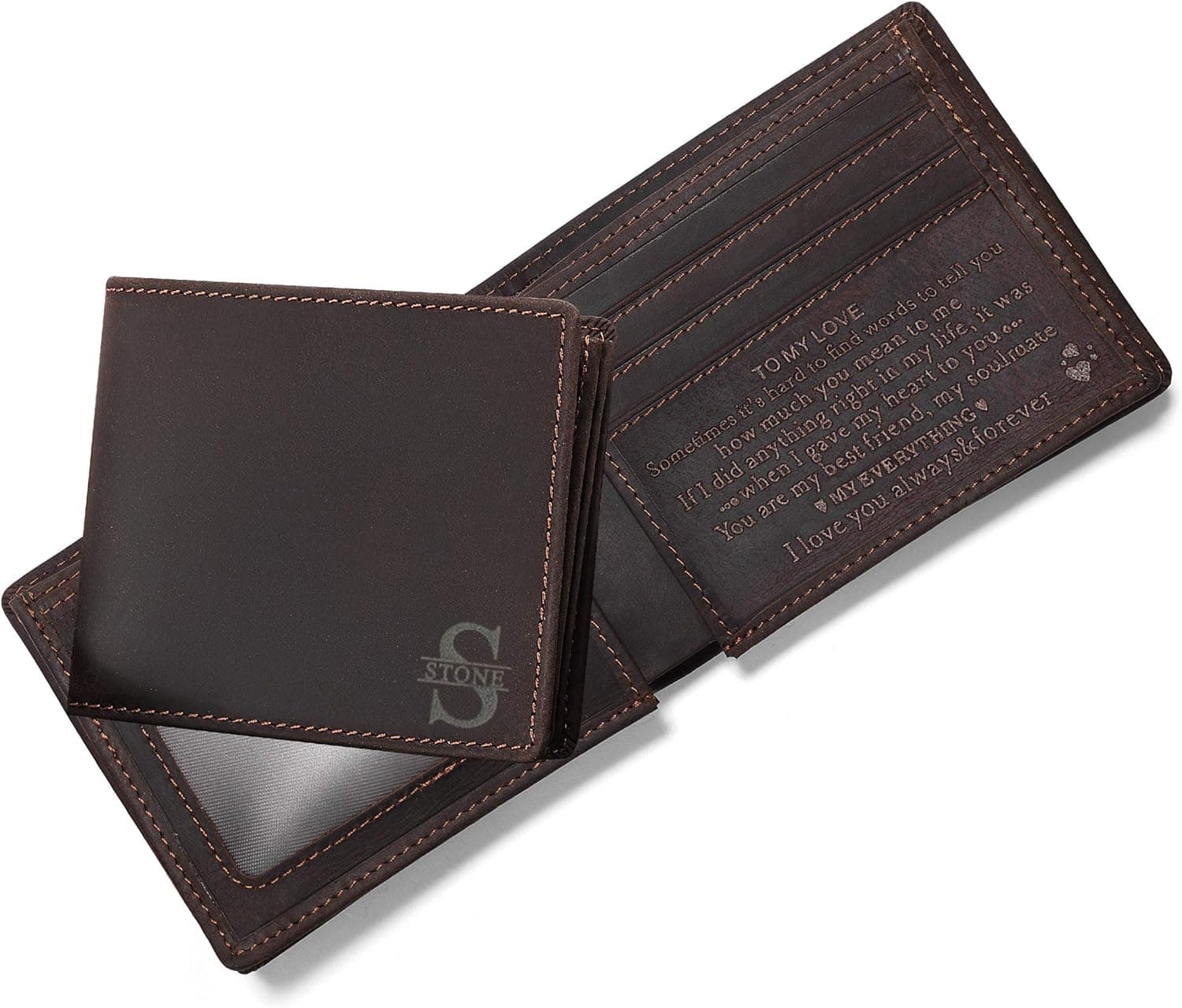 Personalized Engraved Leather Wallet for Dad Son Husband Boyfriend - Birthday Fathers Day Valentines Christmas Anniversary Graduation Wedding Gift - Men Custom Bifold Wallets for Him with Love Message