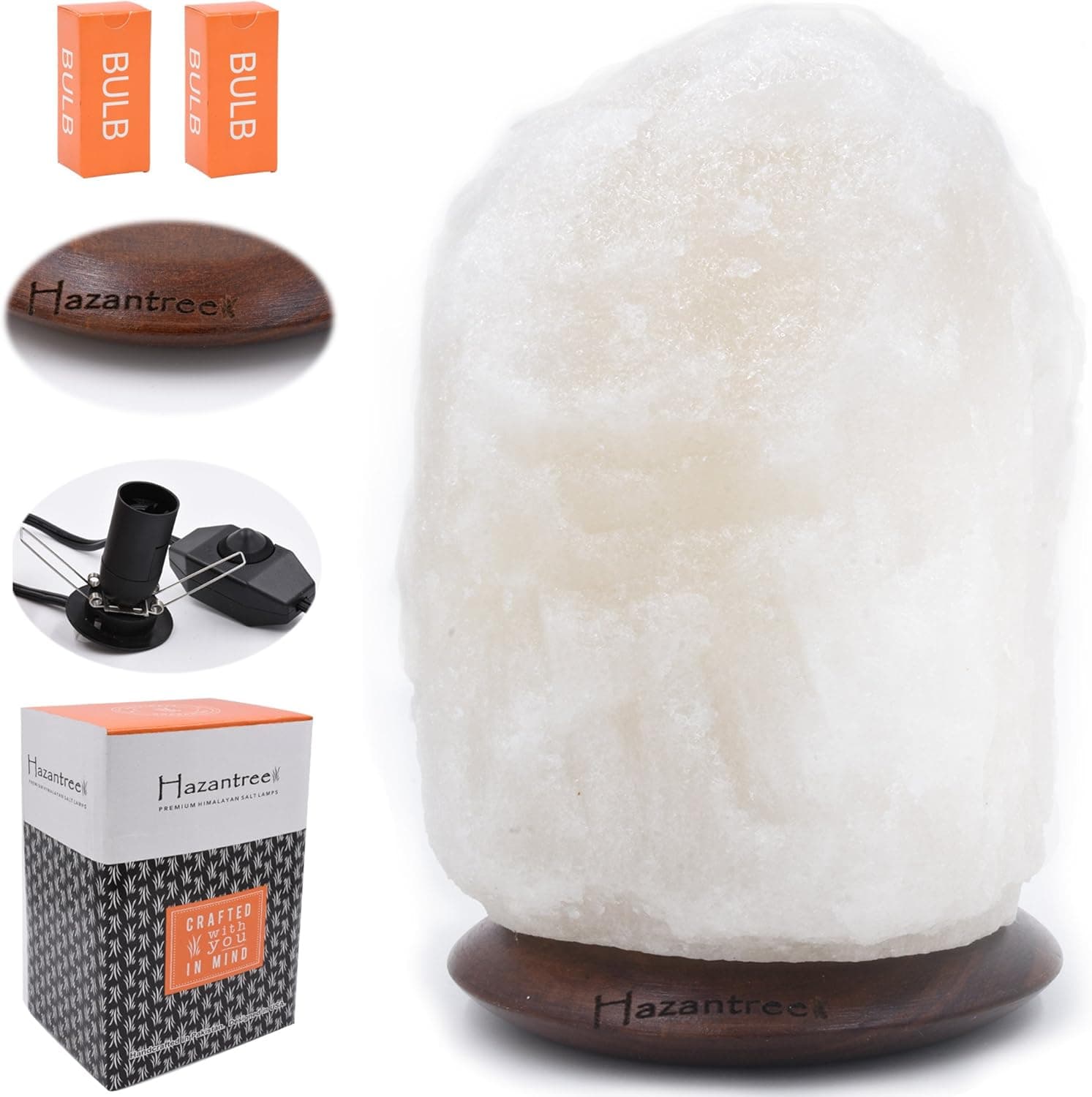 Hazantree Sutlej (8-13 lbs, 8" to 10") Pearl White Himalayan Salt Lamp with Rosewood, Dimmer Cord- Made in Pakistan- hymalain Salt Lamps, Salt Rock lamp, White hymalain Salt Lamps, himilian Salt lamp