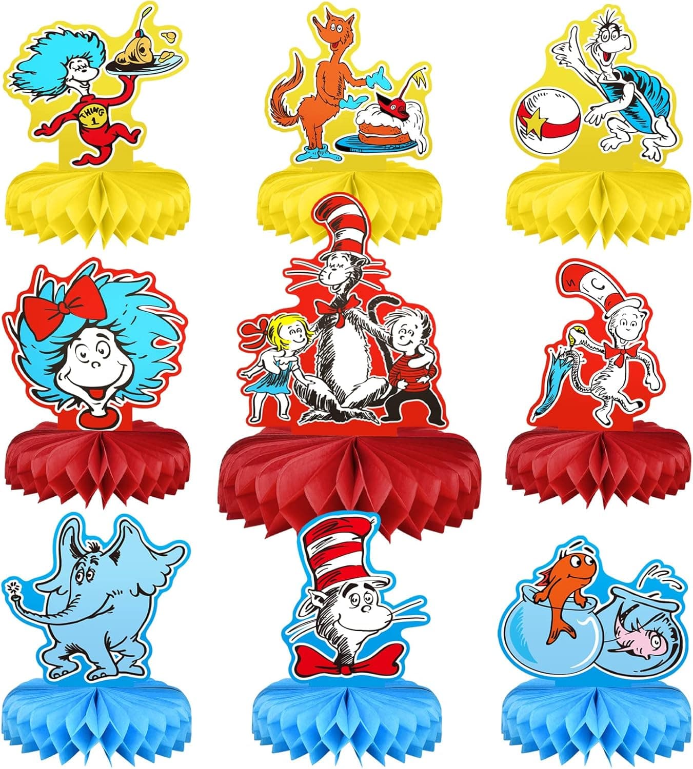 DoYay Dr Seuss Theme 9Pcs Honeycomb Centerpieces for Party Supplies, Double Sided Table Centerpieces