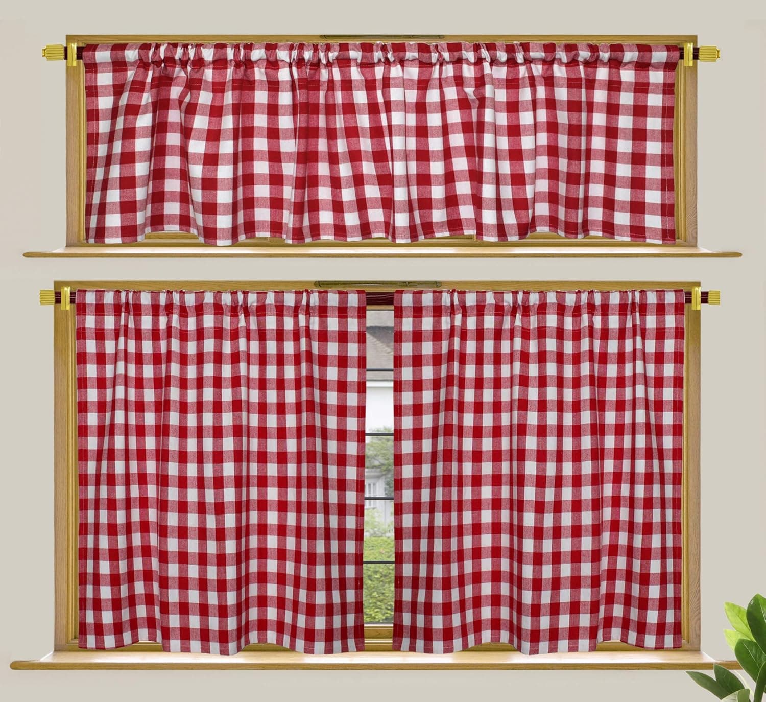 COTTON CRAFT Café Kitchen Window Curtain 3 Pc - Tier Curtains with Valance - Gingham Buffalo Check 100% Cotton Window Panel Treatment - Farmhouse Country Rustic Laundry Bedroom - 30x36 / 16x60 - Red