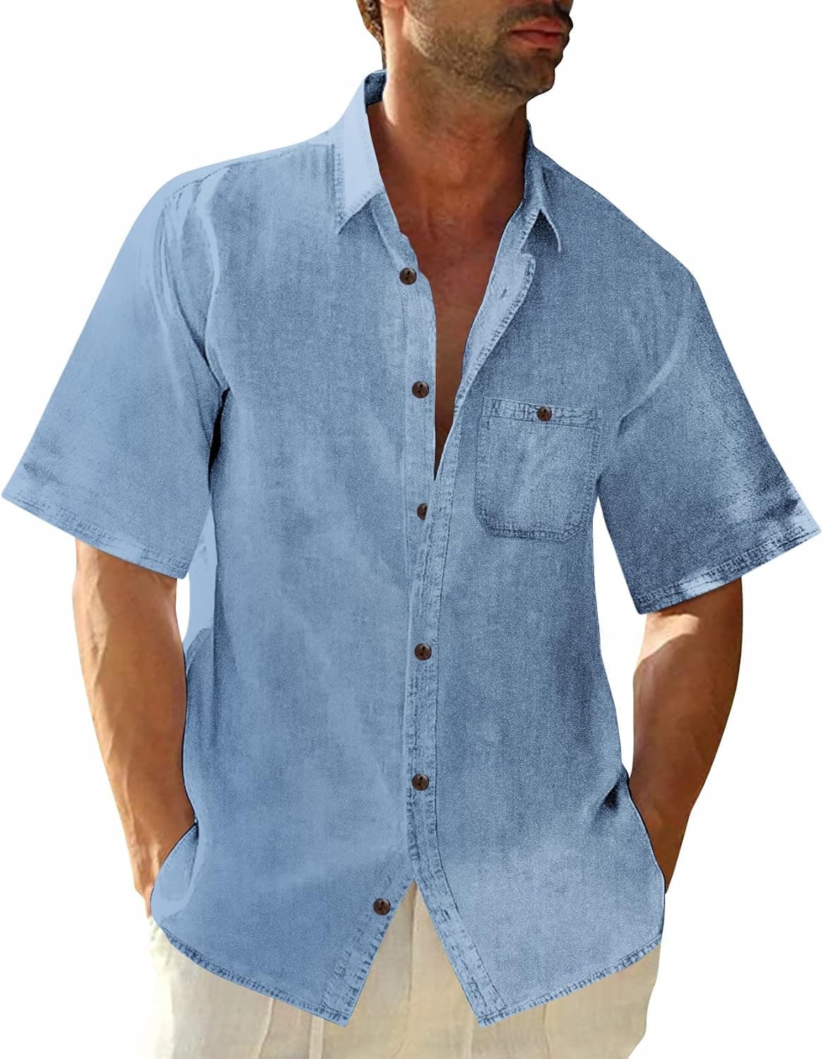 Runcati Mens Denim Shirt Button Down Short Sleeve Casual Regular Fit Washed Work Jean Shirts