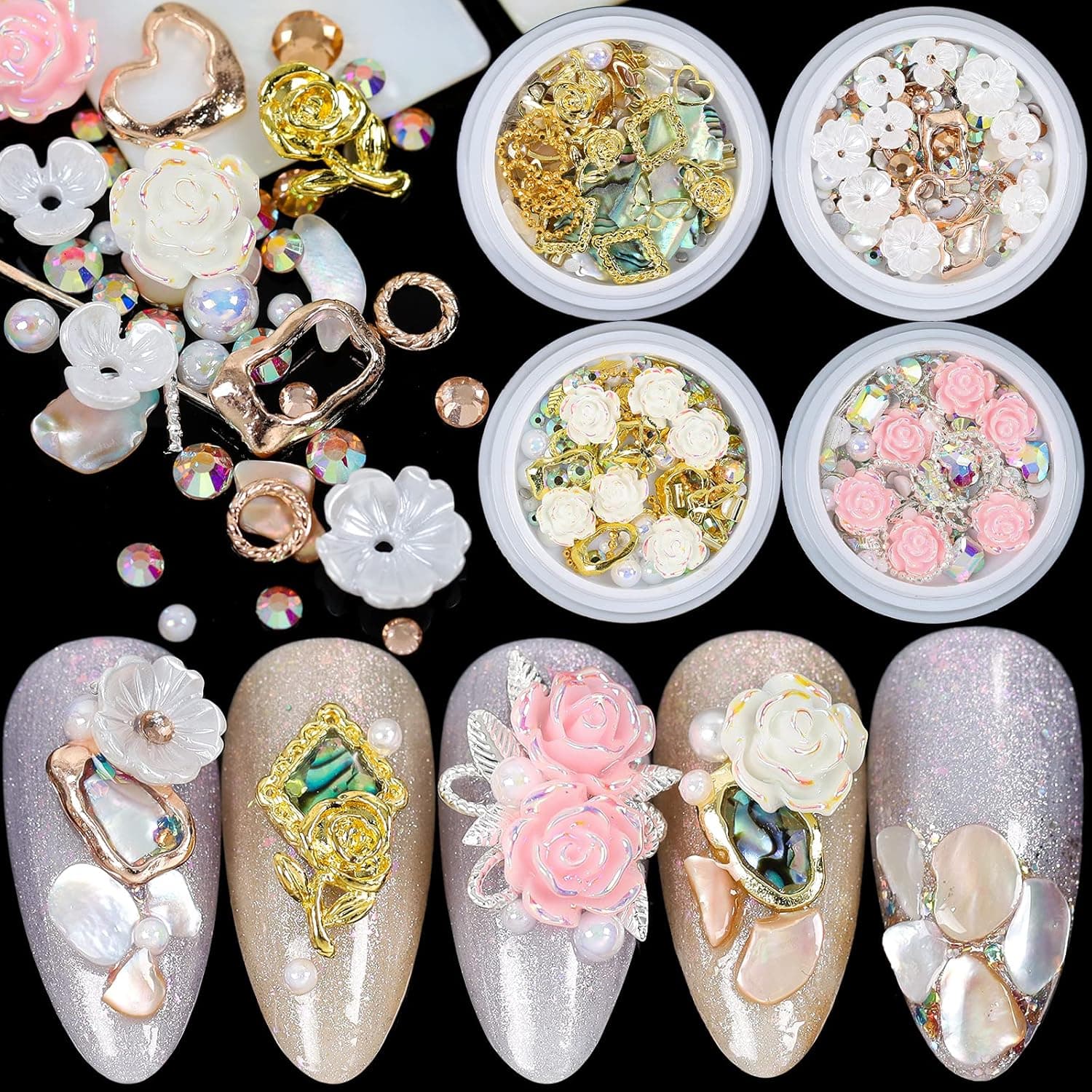HUAGUOHUI 4 Jars Mixed style 3D Metal Nails Accessories, Nail Charms Flowers Nail Beads Chain Nail Art Decoration Rhinestones Kit Nail Pearl Gem Resin Rose Flowers Set Nail Supplies Tool
