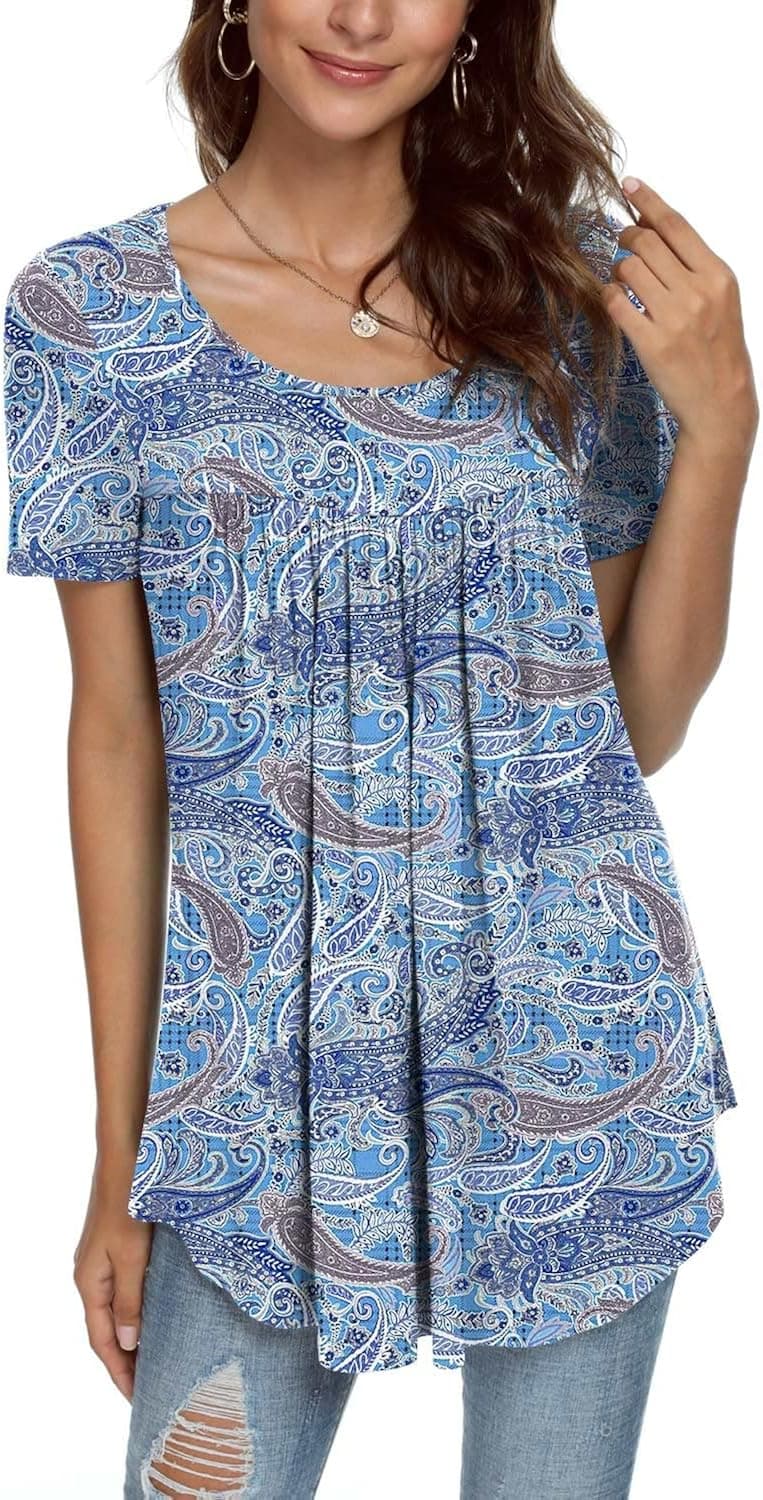 CATHY Women's 2023 Summer Short Sleeve Tunic Top Hide Belly Shirts Loose Comfy Blouse for Leggings