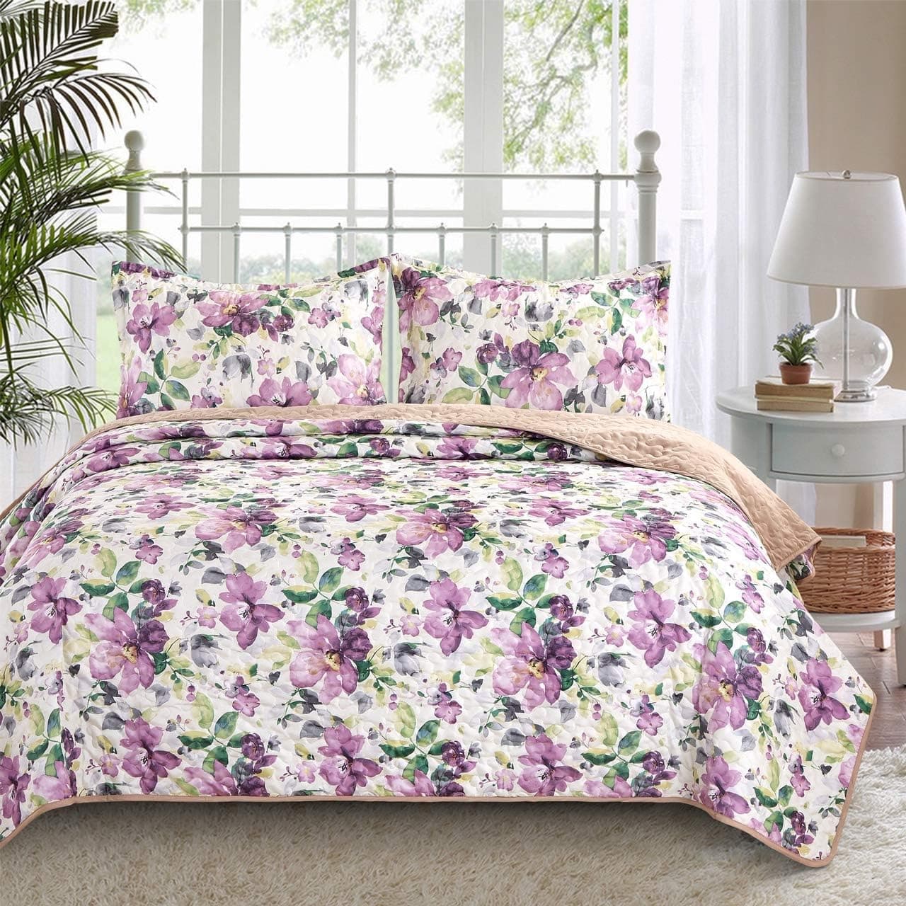 3-Piece Fine Printed Oversize (100" X 95") Quilt Set, Bedspread Coverlet Queen Size Bed Cover (White, Purple, Sage Green, Floral)