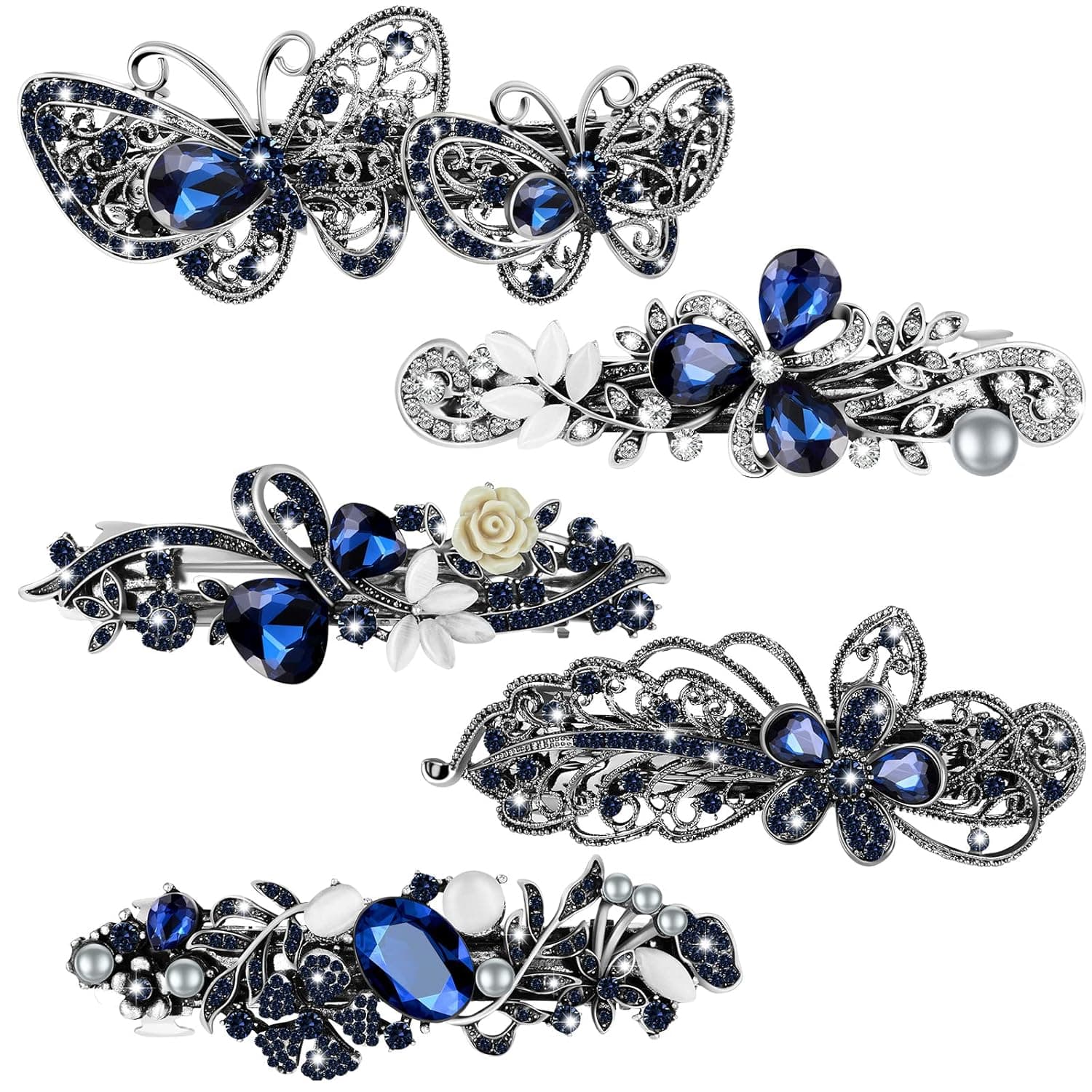 5 Pieces Crystal Rhinestones Hair Barrettes Large Flower Butterfly Pearl French Vintage Clip Wedding Navy Hair Jewelry for Thick long Hair for Women Girls (Delicate Style)