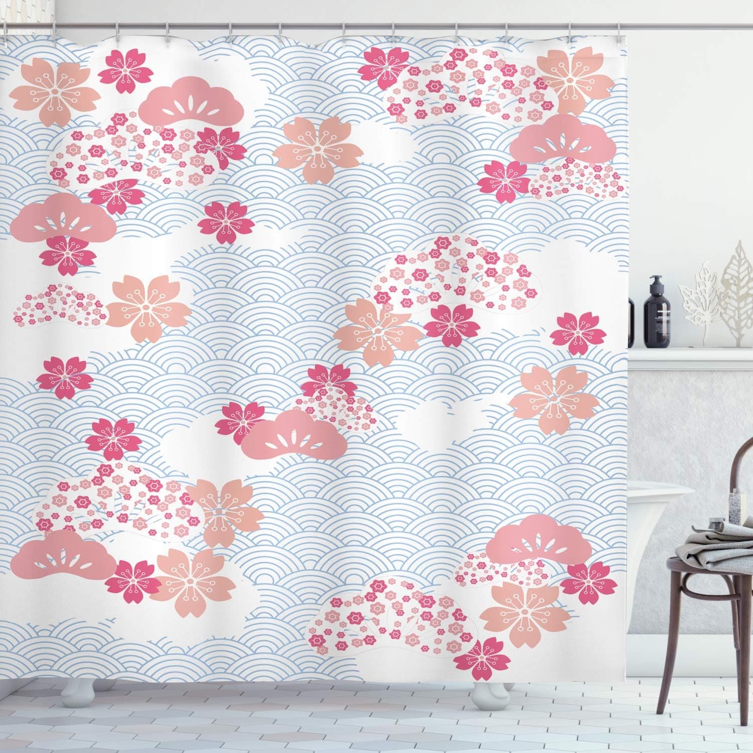 Ambesonne Japanese Shower Curtain, Squama Pattern with Cherry Blossom Land of The Rising Sun Pattern, Cloth Fabric Bathroom Decor Set with Hooks, 69" W x 75" L, Coral Blue