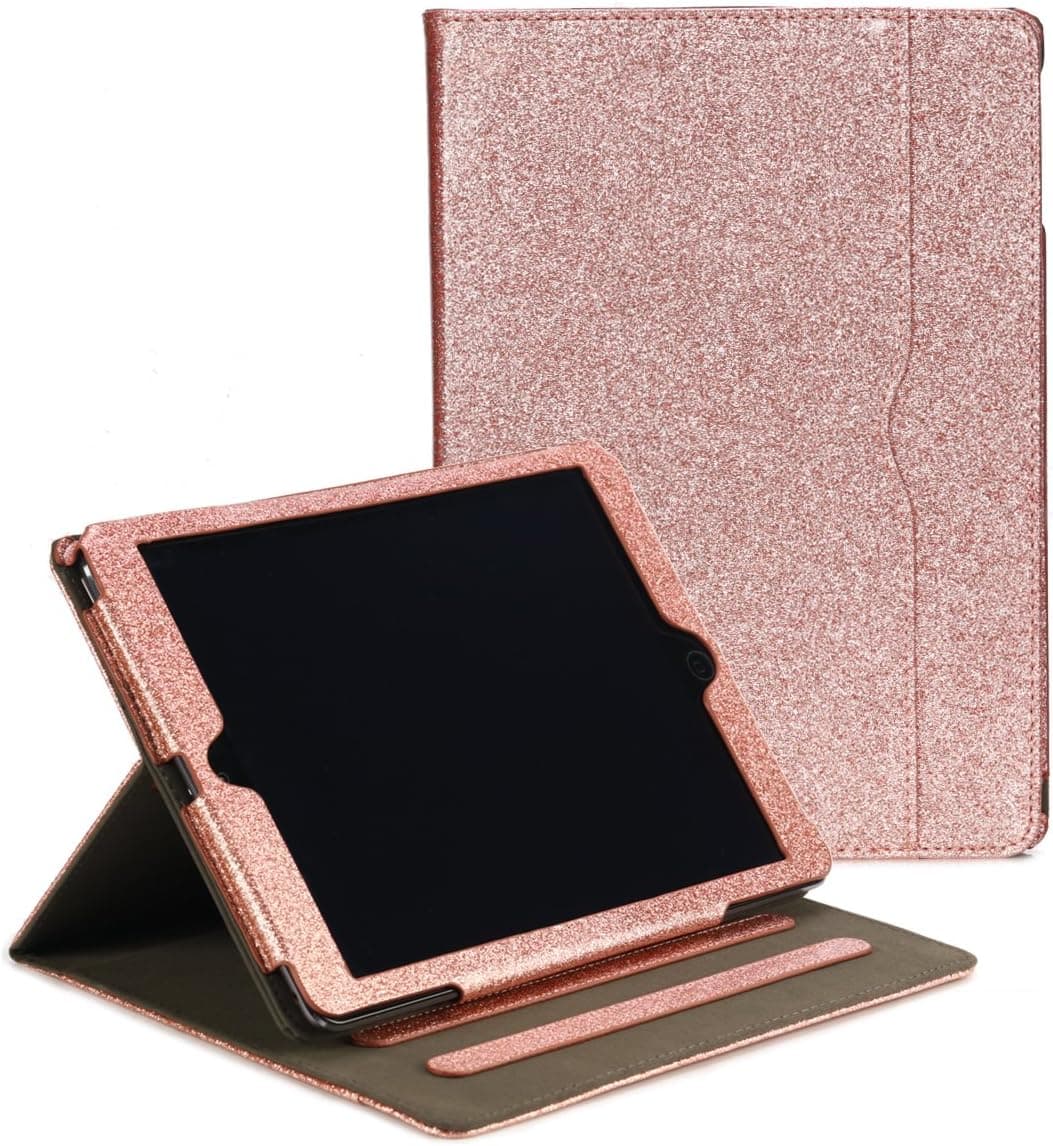 RUBAN Case Compatible with iPad 9.7 Inch 2018/2017 / iPad Air 2 / iPad Air 1 - [Corner Protection] Multi-Angle Viewing Folio Stand Cover with Pocket, Auto Wake/Sleep (Pink Glitter)