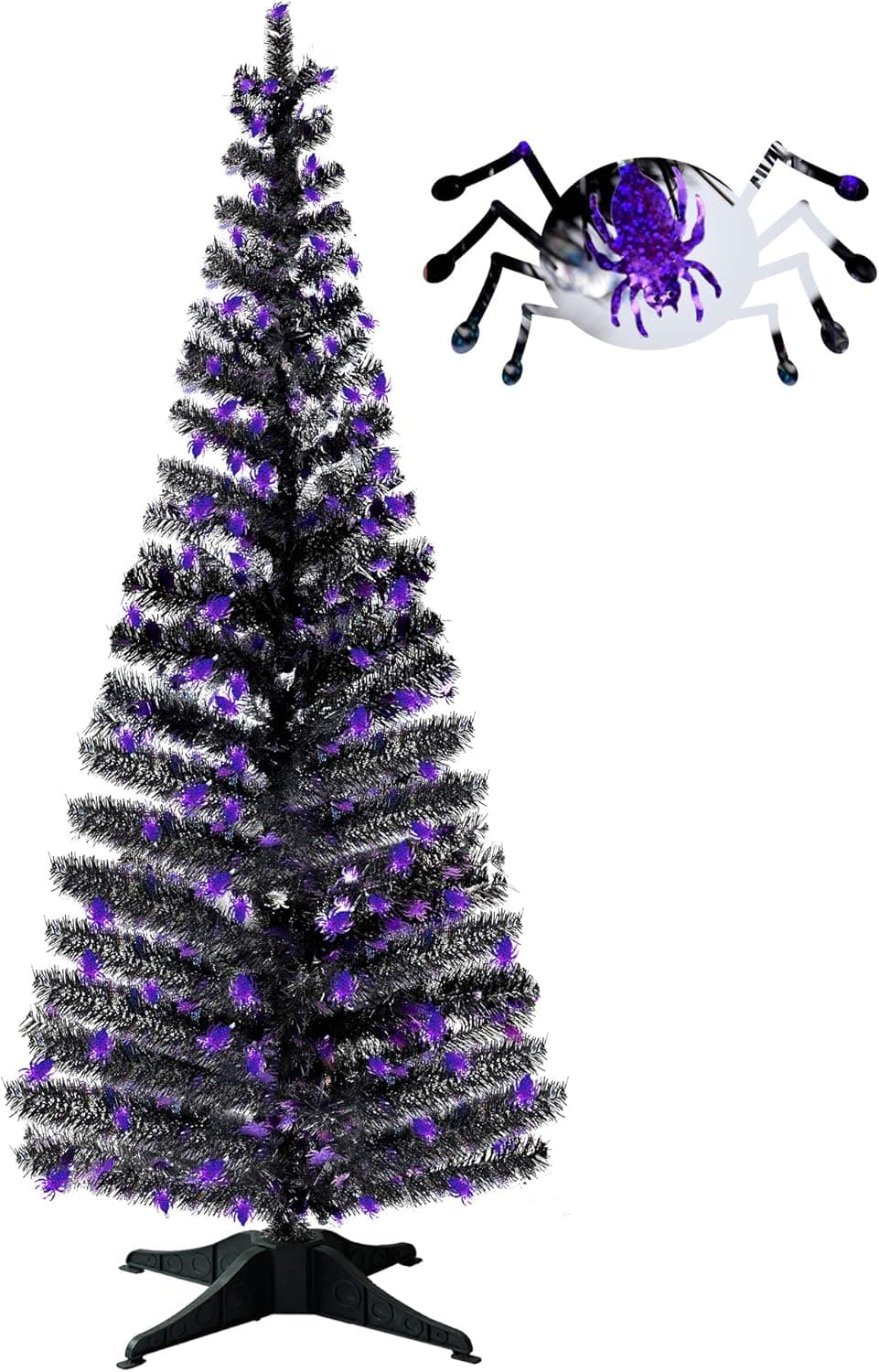 5FT Pop Up Tinsel Branches Trees with Plump Spider Sequin, Halloween Party Supplies, Collapsible Artificial Halloween Xmas Black Tree with Plastic Stand for Haunted House,Office Classroom Party Decor