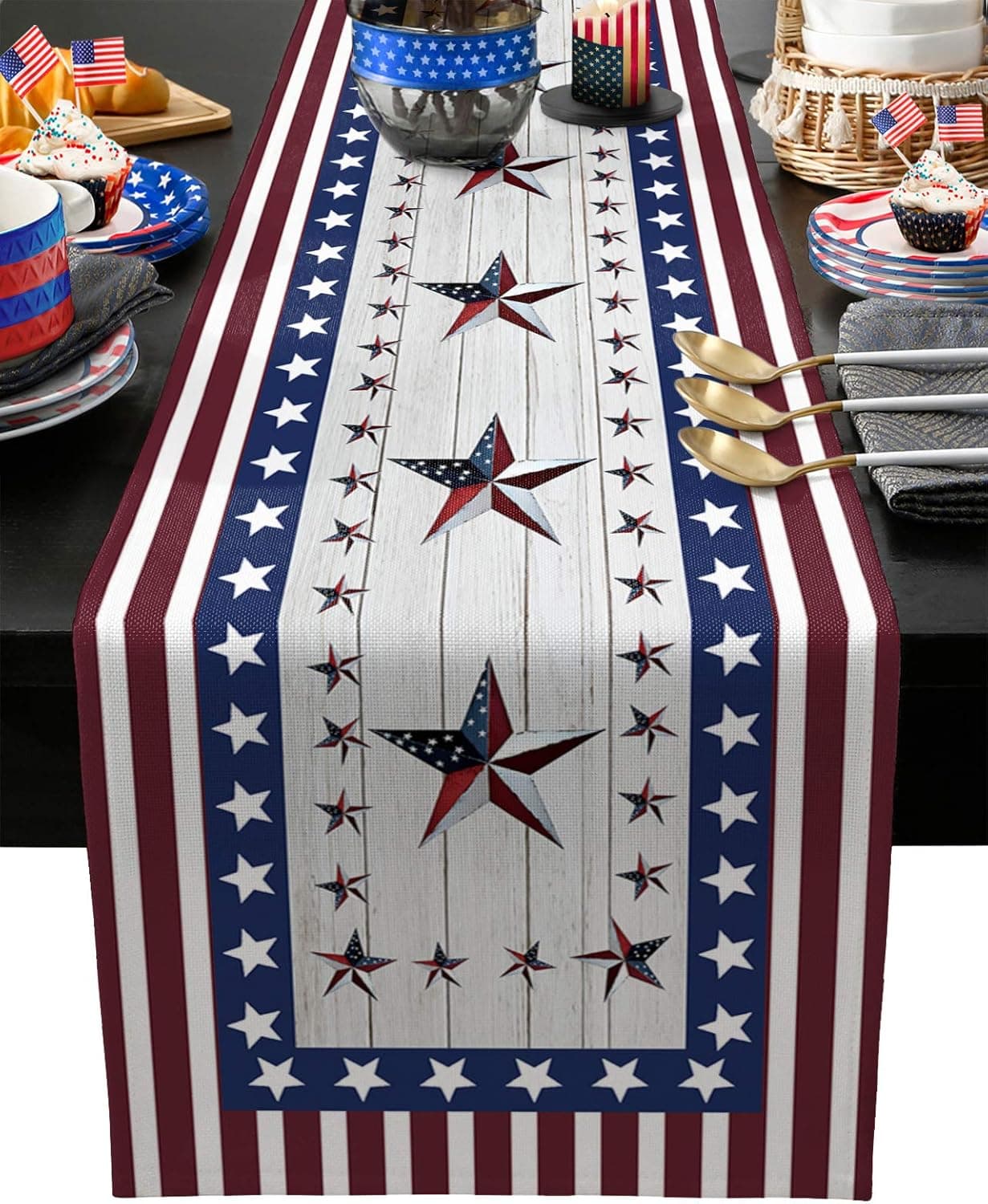 July 4th Independence Day Cotton Linen Table Runner Dresser Scarves,USA American Flag Day Theme Stars Red Stripe Table Runners for Dinning Table,Holiday Farmhouse Dinner Kitchen Decoration-13x108 Inch