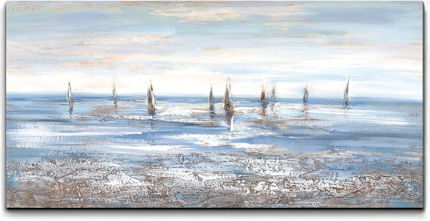Seascape Canvas Wall Art Sailboat Abstract Ocean Sunrise Picture 3D Hand Painted Modern Landscape Painting Large Wall Decor for Living Room and Office Unframed 24x48 inch(60X120cm)