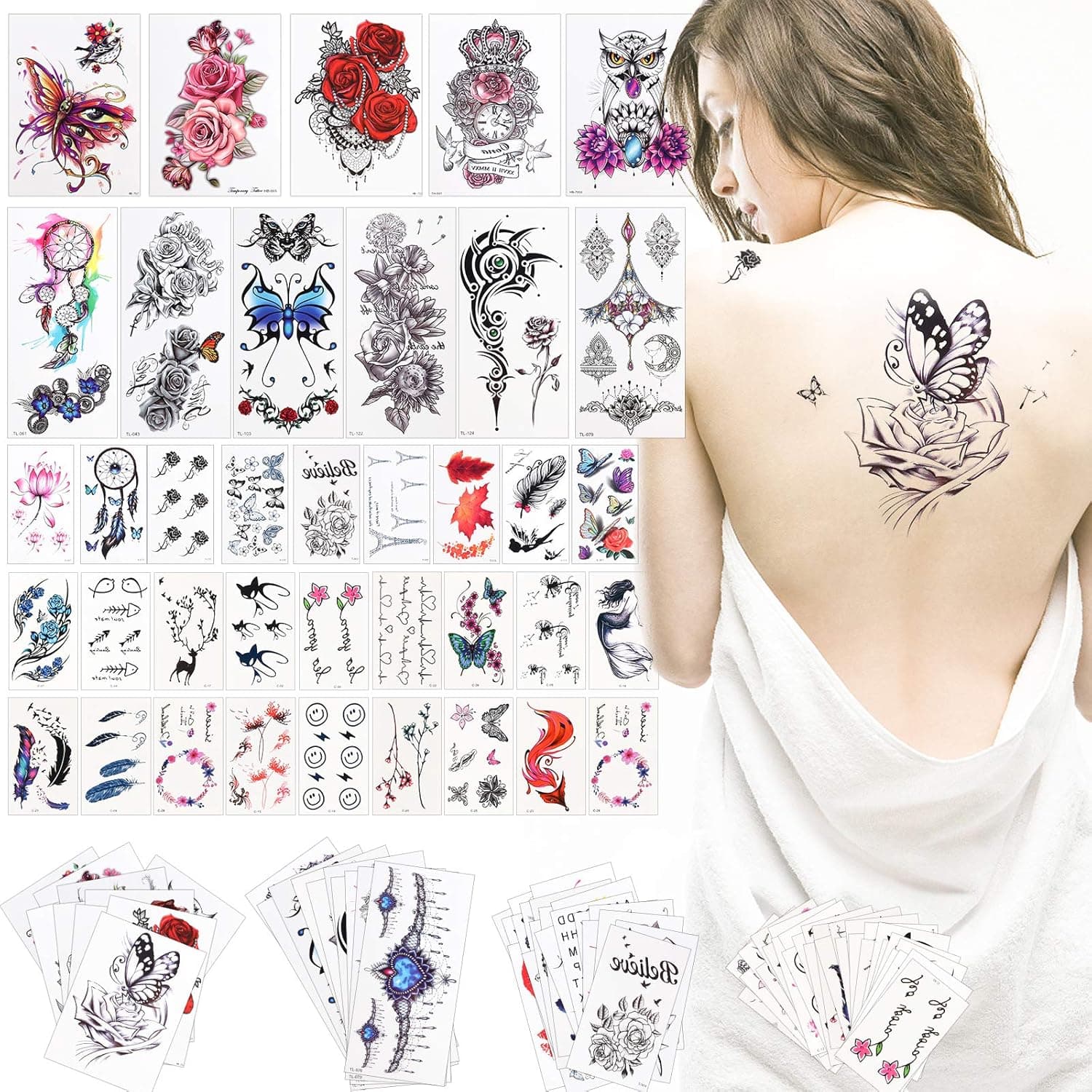 70 Sheets Temporary Tattoo Stickers, with Various Patterns, Flowers, Butterflies, Feathers, Animal Patterns, Body Art Tattoo Stickers for Women.