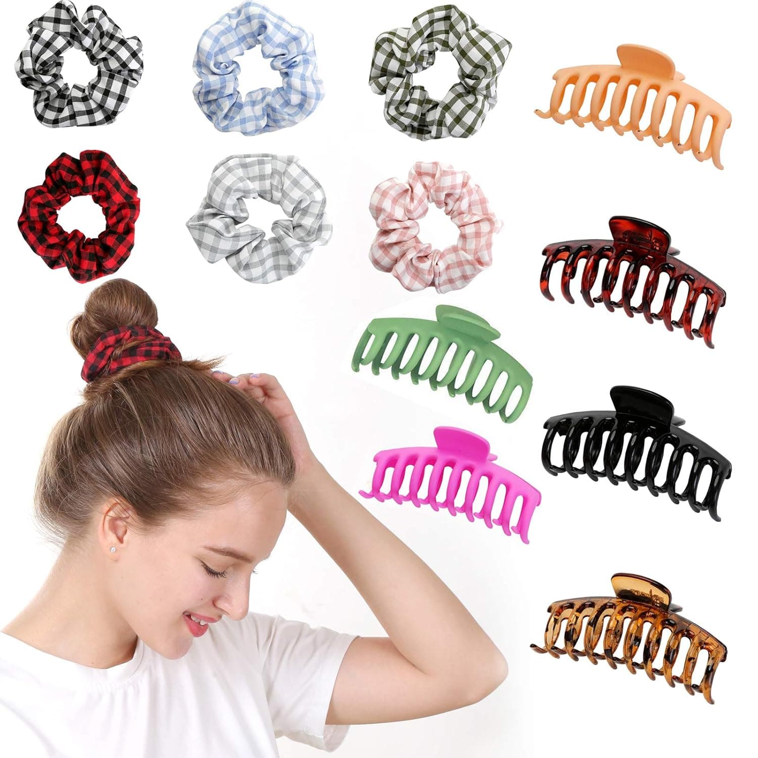 Hair Clips, 6pcs POSTA 4.5 Inch Large Matte Hair Claw Clips, 6pcs Hair Scrunchies Elastic, for Women and Girls Thin Hair, Strong Hold Hair Clips for Thick Hair