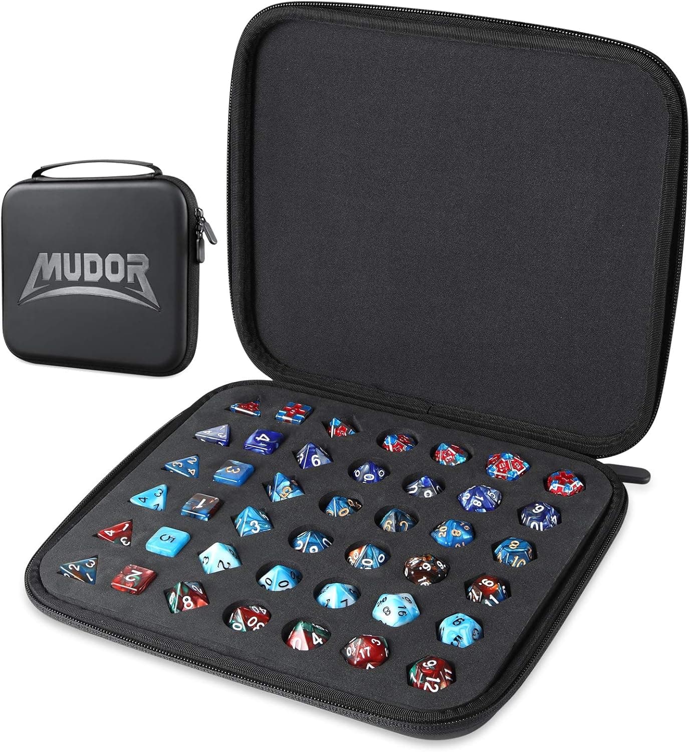 MUDOR Premium PU Dice Case with Removable Perforated Tray, Dice Bag Can Holds 42 Polyhedral Dice Storage, Dice Holder Compatible with DND and Dungeons & Dragons Game Dice, Black