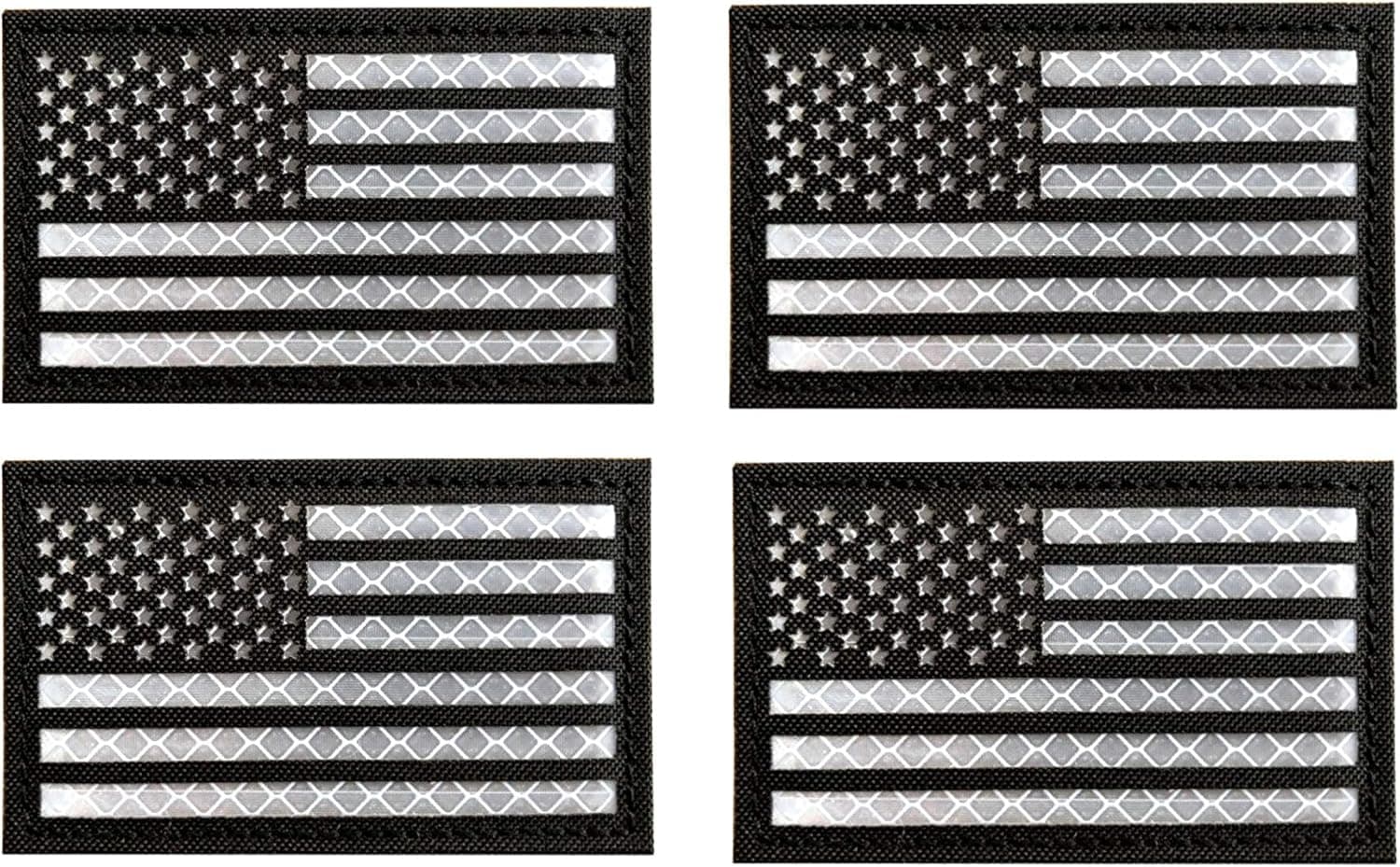 4 Pcs Reflective US USA American Flag Tactical Patches Hook-Fastener Backing 2X3.5 inch (Black-White)
