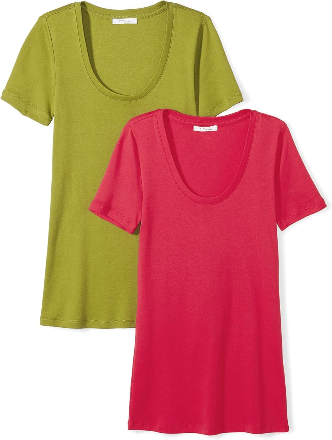 Amazon Brand - Daily Ritual Women's Midweight 100% Supima Cotton Rib Knit Short-Sleeve Scoop Neck T-Shirt, 2-Pack, Fuchsia/Woodbine Green,Large