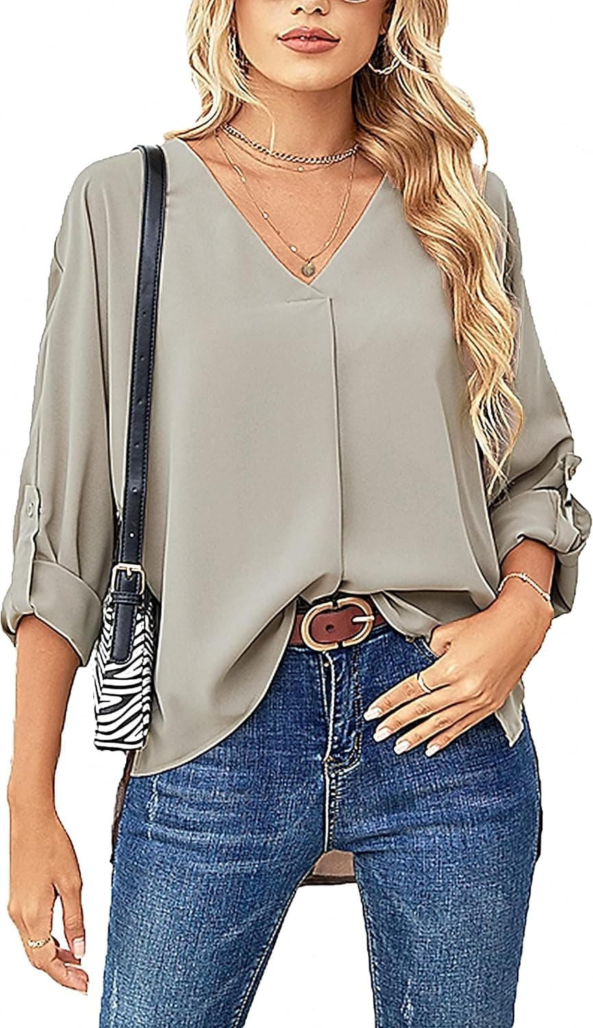 HangNiFang Womens 3/4 Cuffed Sleeve Chiffon Blouse V Neck Oversized Shirts High Low Tunic Tops