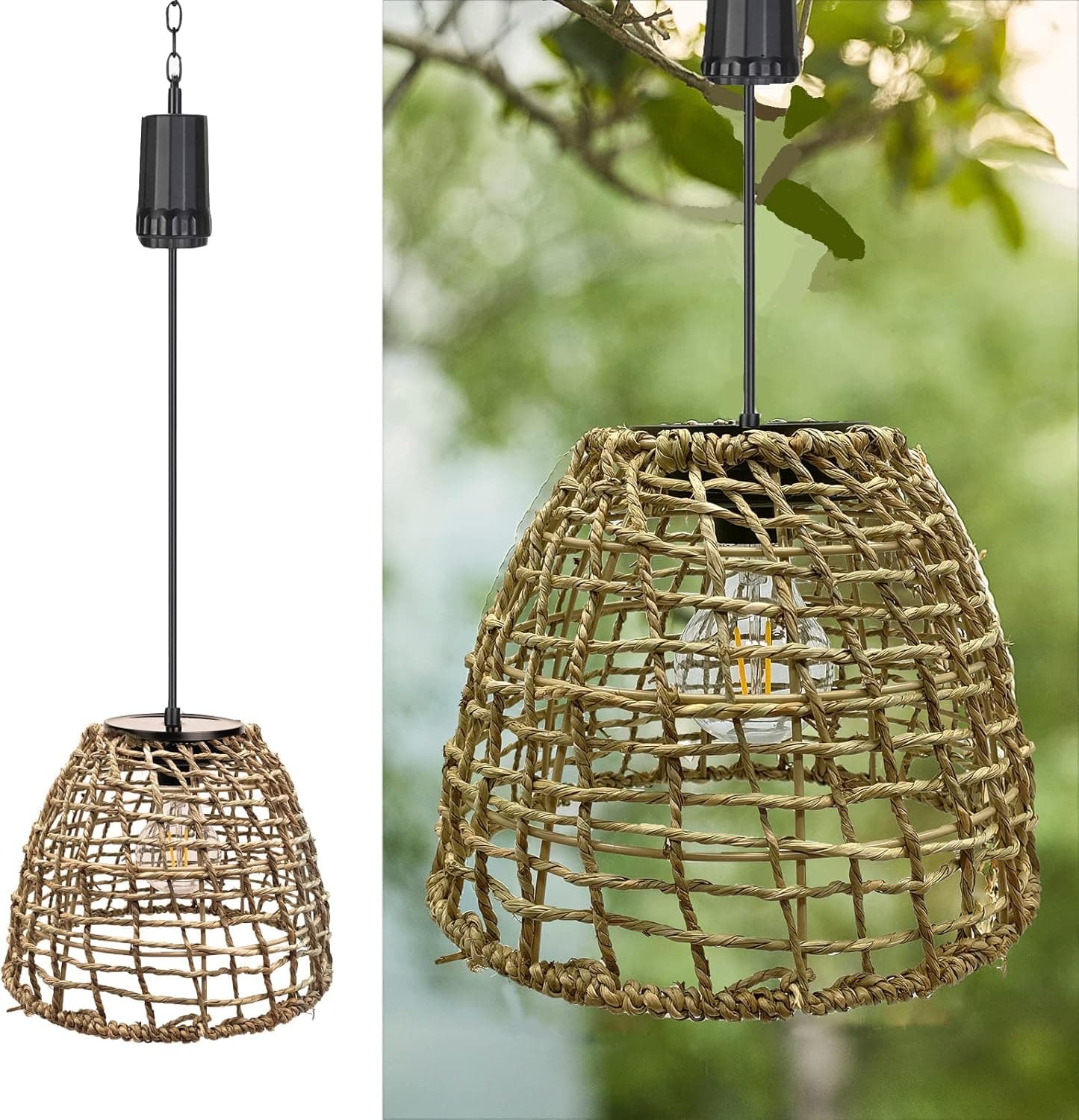 6 Hours Timer Battery Operated Outdoor Hanging Light Seagrass Woven Waterproof Porch Gazebo Patio Pendant Lantern Chandelier Lighting Decorative Hollow-Out Auto On/Off Warm White Bulb