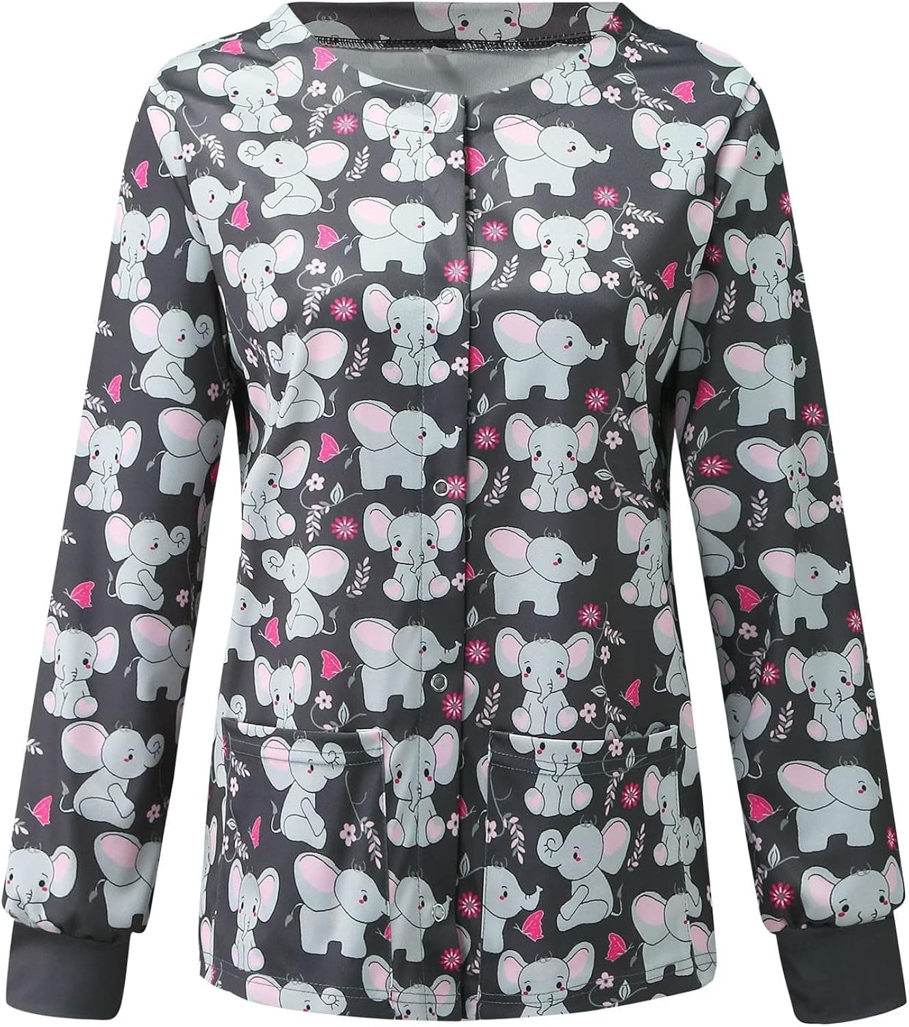 Scrub Jackets for Women Lovely Graphic Printed Nurse Doctor Working Uniforms Snap Front Long Sleeve Warm Up Scrub Tops Shirts