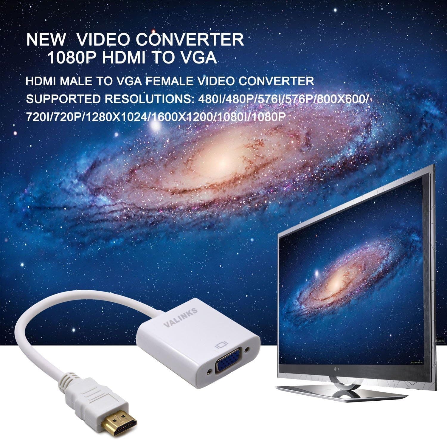 Hitechway 1080p HDMI Male to VGA Female Video Converter Adapter Cable for PC, TV, Laptops, DVD Players, and Other HDMI Devices (White)