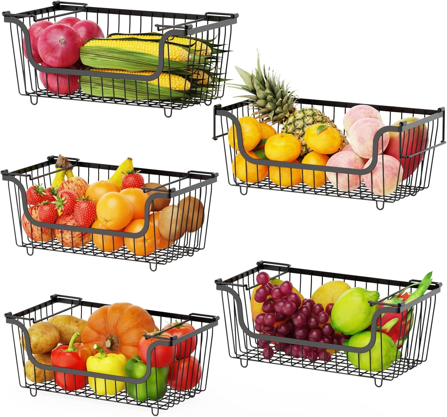 Warmfill Stackable Wire Baskets, 5 Pack Fruit Vegetable Storage Bins, Cabinet Storage Metal Baskets for Kitchen, Freezer, Pantry, Black
