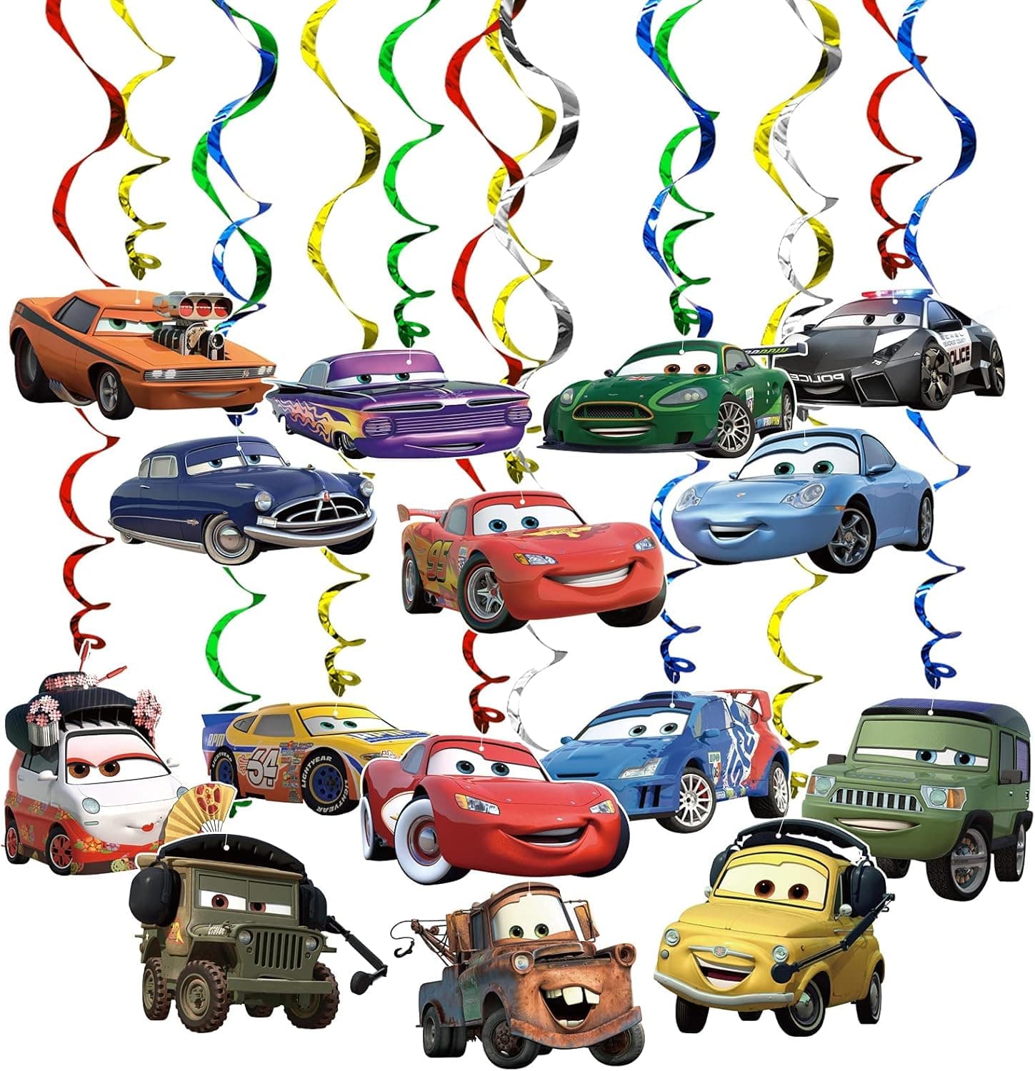 Funnnny Cute Race Car Party Supplies Decorations 30 Pack Foil Ceiling Hanging Swirls Streams Party Banner Decor for Kids Adults Fashion Car Theme Cartoon Birthday Celebrating Party Events