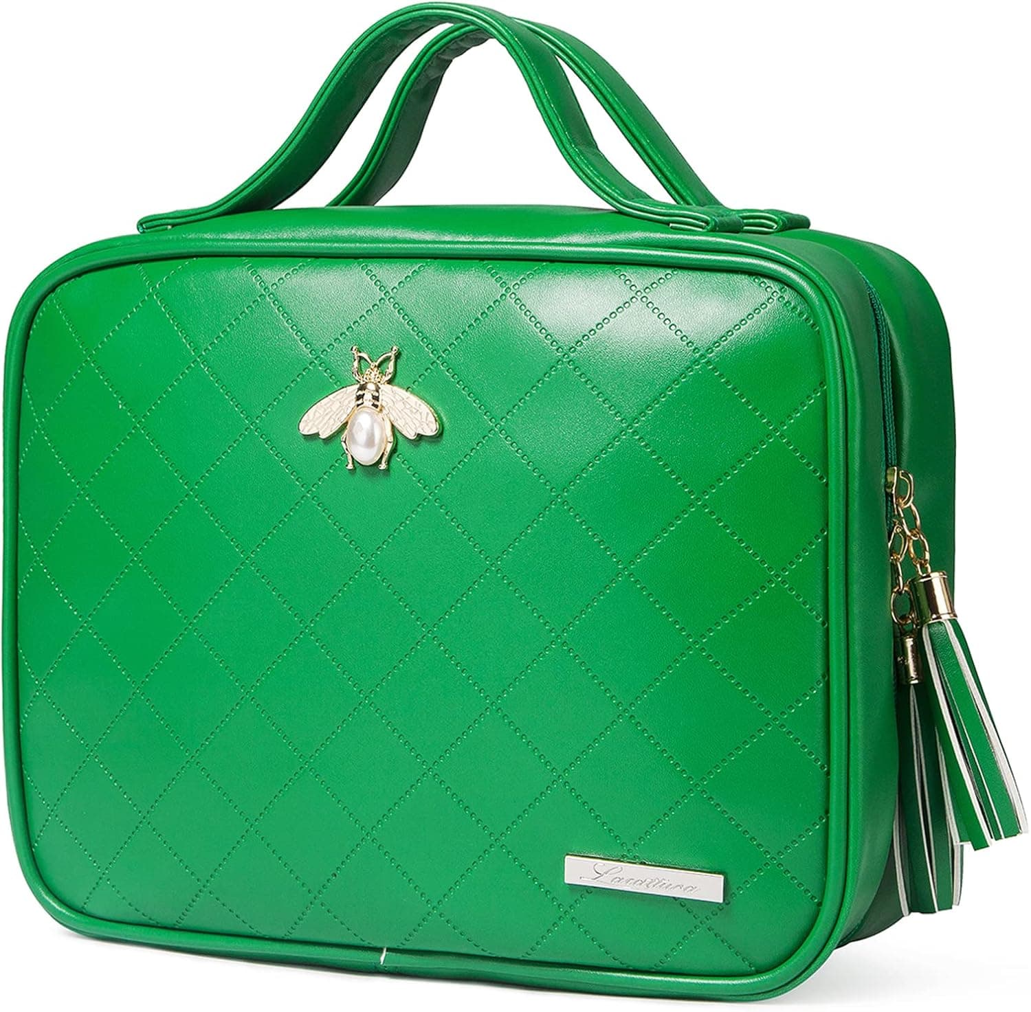 LACATTURA Hanging Toiletry Bag for Women, Leather Travel Makeup Bag, Large Cosmetic Organizer, 4 Layers Portable Waterproof Hygiene Bag, Bathroom Organizer for Shampoo, Make up, Personal Item, Green
