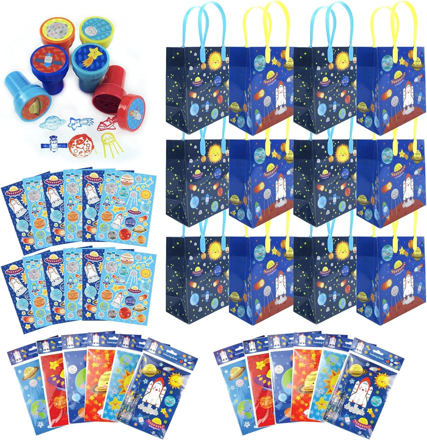 TINYMILLS Outer Space Birthday Party Assortment Favor Set of 108 pcs (12 Large Party Favor Treat Bags with Handles, 24 Self-Ink Stamps for Kids, 12 Sticker Sheets, 12 Coloring Books, 48 Crayons) Space Shuttle Rocket Ship Astronaut Party Favors