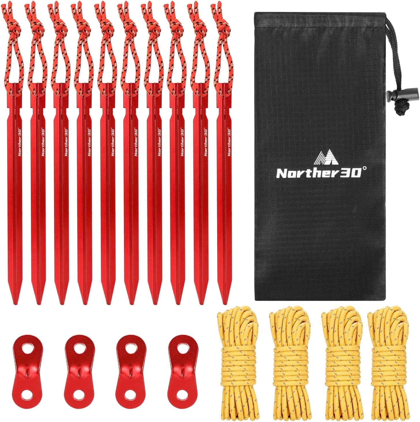 Norther30° Outdoors Tent Stakes Pegs, Ropes.10 Pack 7" Tent Pegs Stakes and 4 Pack 4m Reflective Guy Lines with Cord Adjustment Suitable for Tent Footprint Tarp use.
