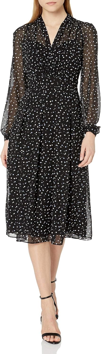 Anne Klein Women's Long Sleeve Vneck Fit and Flare Dress