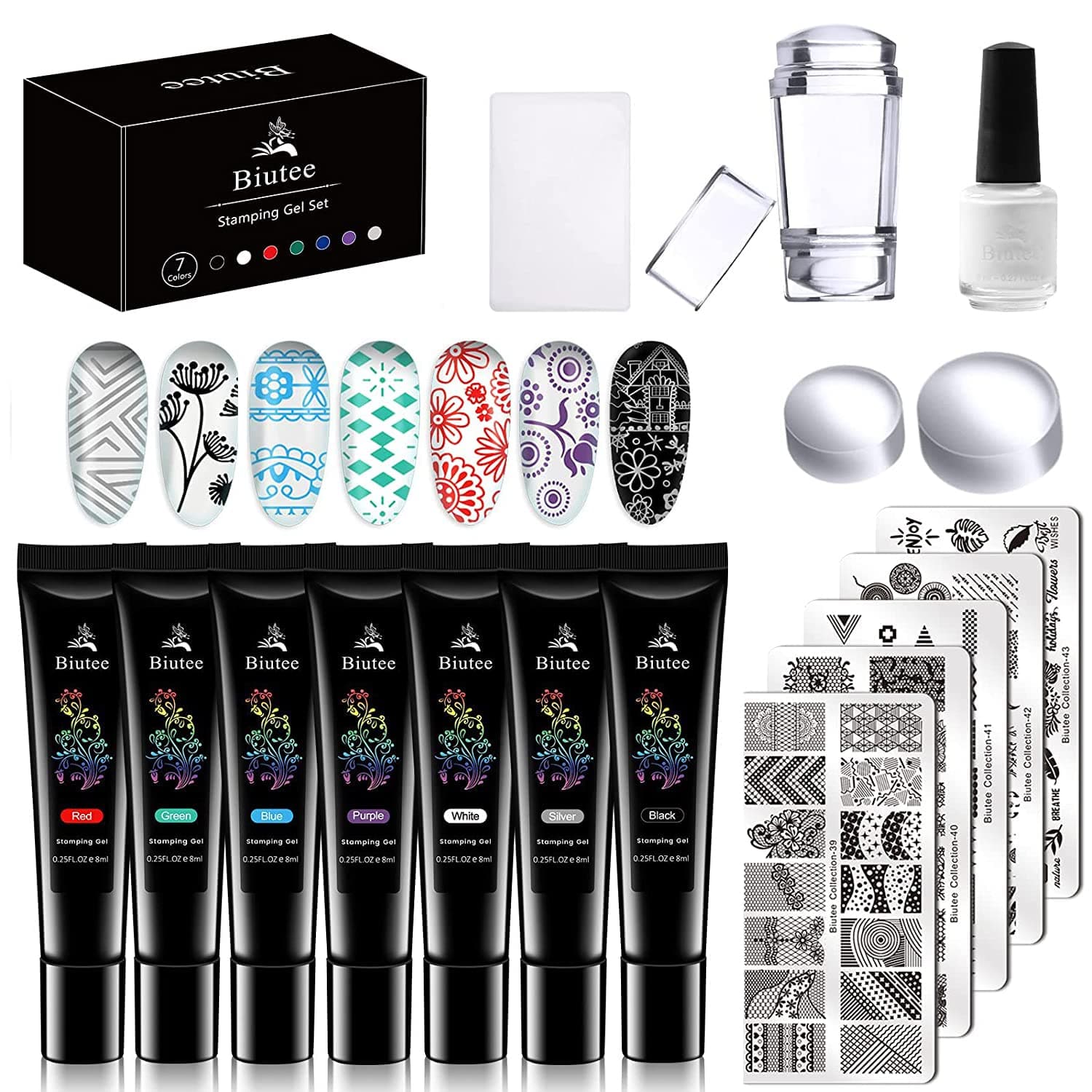 SEISSO 7 Colors Nail Stamping Gel Polish + 5Pcs Nail Stamp Templates + 1 Nail Latex Peel Off Tape + 1 Nail Stamper with Scraper, Nail Stamping Art Set and Manicure Tool Collection