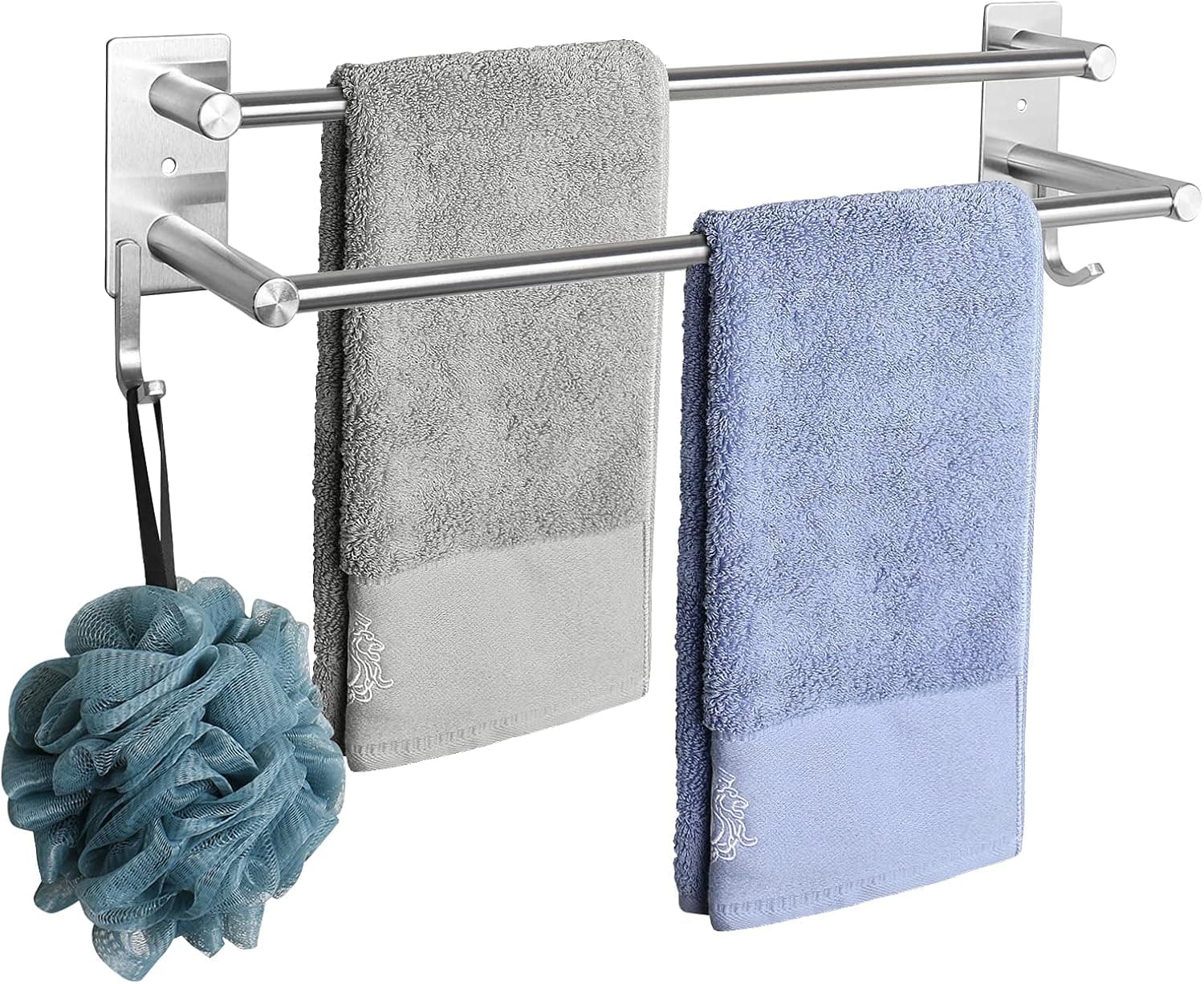 Siyzda Double Towel Bar 24 Inch, 304 Stainless Steel Bath Towel Rack for Bathroom Kitchen, Two Installation Method - Self Adhesive & Wall Mounted (Brushed Nickel)