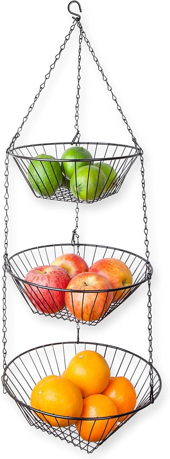 Home Intuition 3-Tier Wire Hanging Basket for Fruits and Vegetables, Round Heavy Duty Design, Black