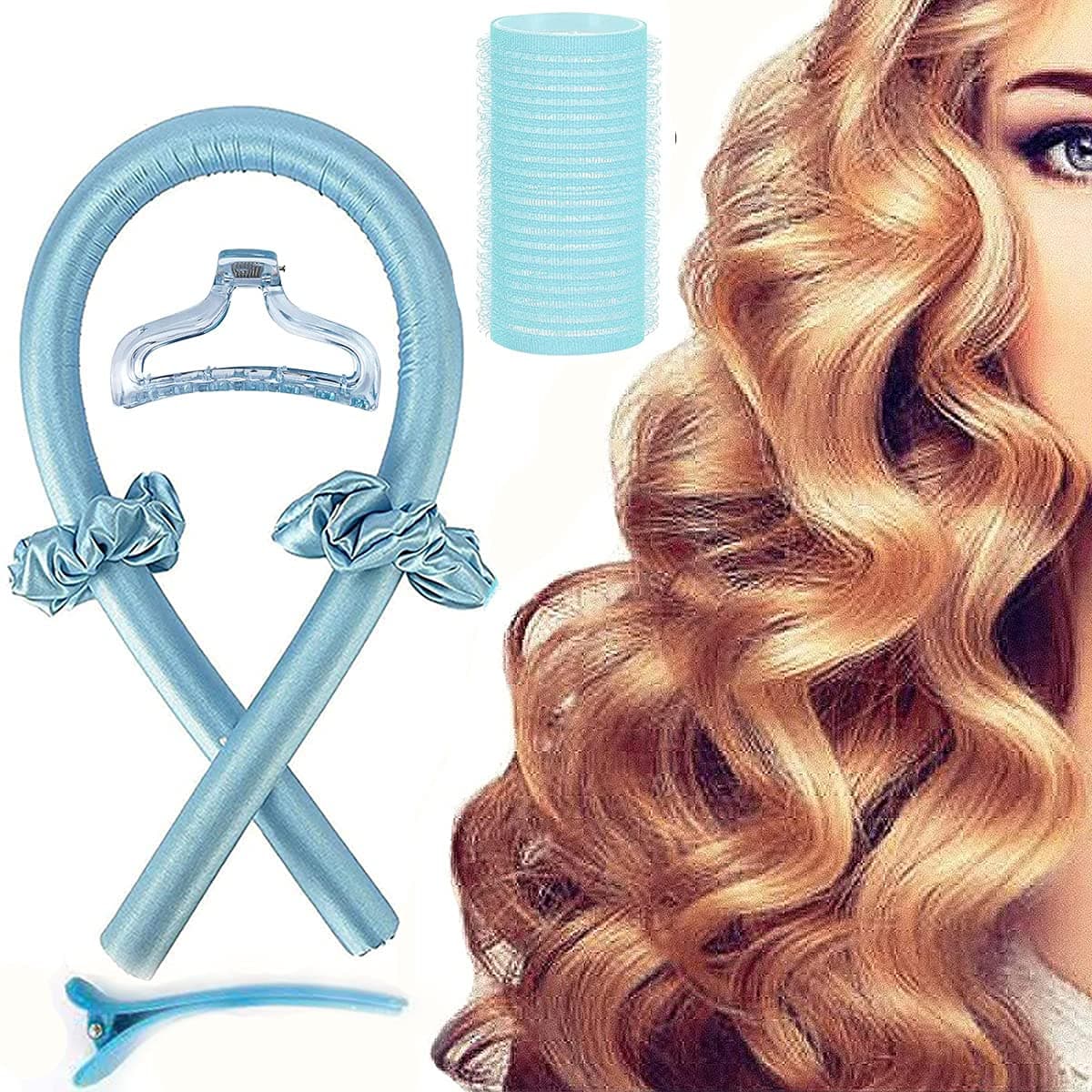 Heatless Hair Curlers No Heat Silk Curls Headband Hair Rollers with Soft Foam, Curling Ribbon and Flexi Rods for Natural Long Medium Hair Diy Hair Styling Tools