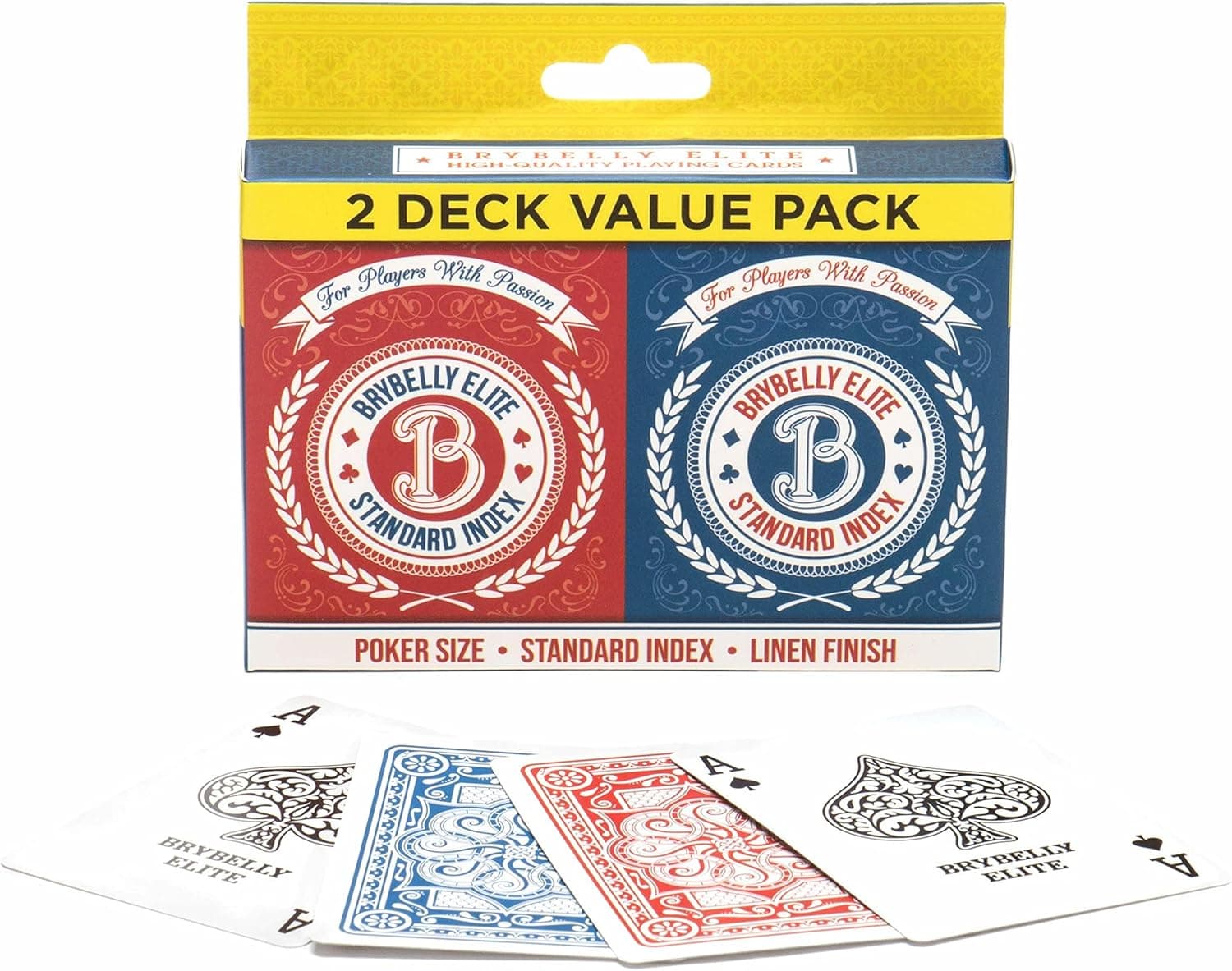 Brybelly Elite, 2-Pack Red/Blue -Two Decks Playing Cards - Poker Size, Standard Index, & Linen Finish - Premium Table Game Accessories for Canasta, Texas Hold'em, Pokeno, & Blackjack
