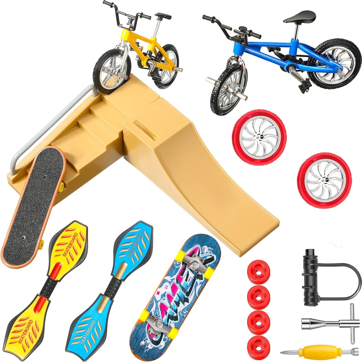 17 Pieces Finger Skateboard Ramp Set Skate Park Kit Ramp Parts Set Mini Finger Toys Set Finger Bike Skate Park Kit with Replacement Wheels and Tools for Kids Party Favor (Classic Color)