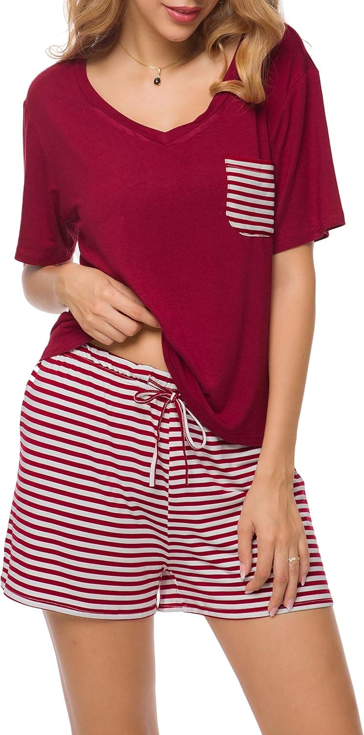 Invug Women Nightwear Short Sleeve Shirt and Shorts Pajama Set V Neck Sleepwear