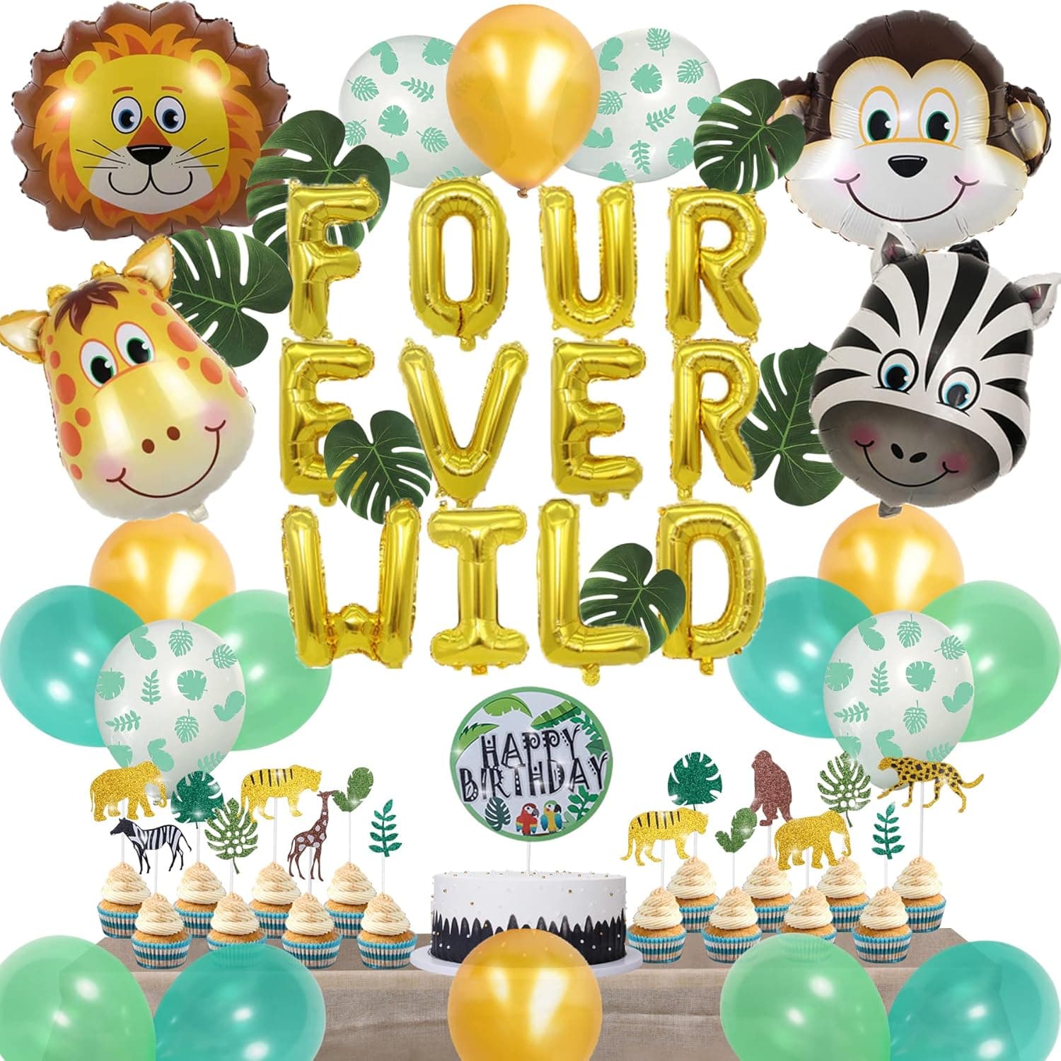 READIGO Wild Four Safari Jungle Birthday Party Decorations, Safari 4 Year Old Birthday Decorations,Jungle Birthday Cake Topper,24 Cupcake Toppers Safari Animal Balloon Zoo 4th Birthday Decorations