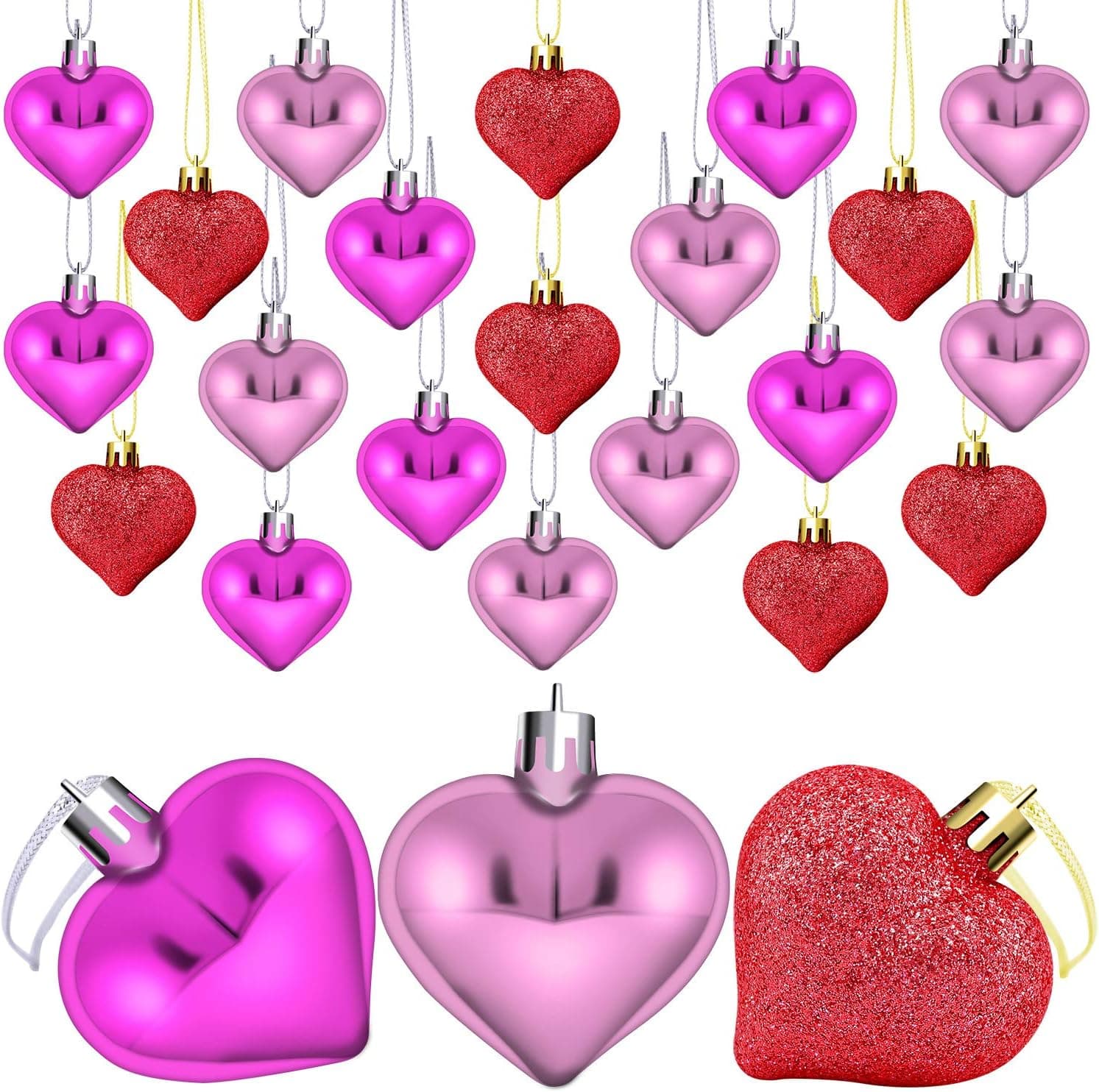 Elcoho 24 Pieces Valentine's Day Heart Baubles Ornaments Heart Shaped Decoration Baubles for Valentine's Day Decoration, 2 Styles (Glossy, Glitter)