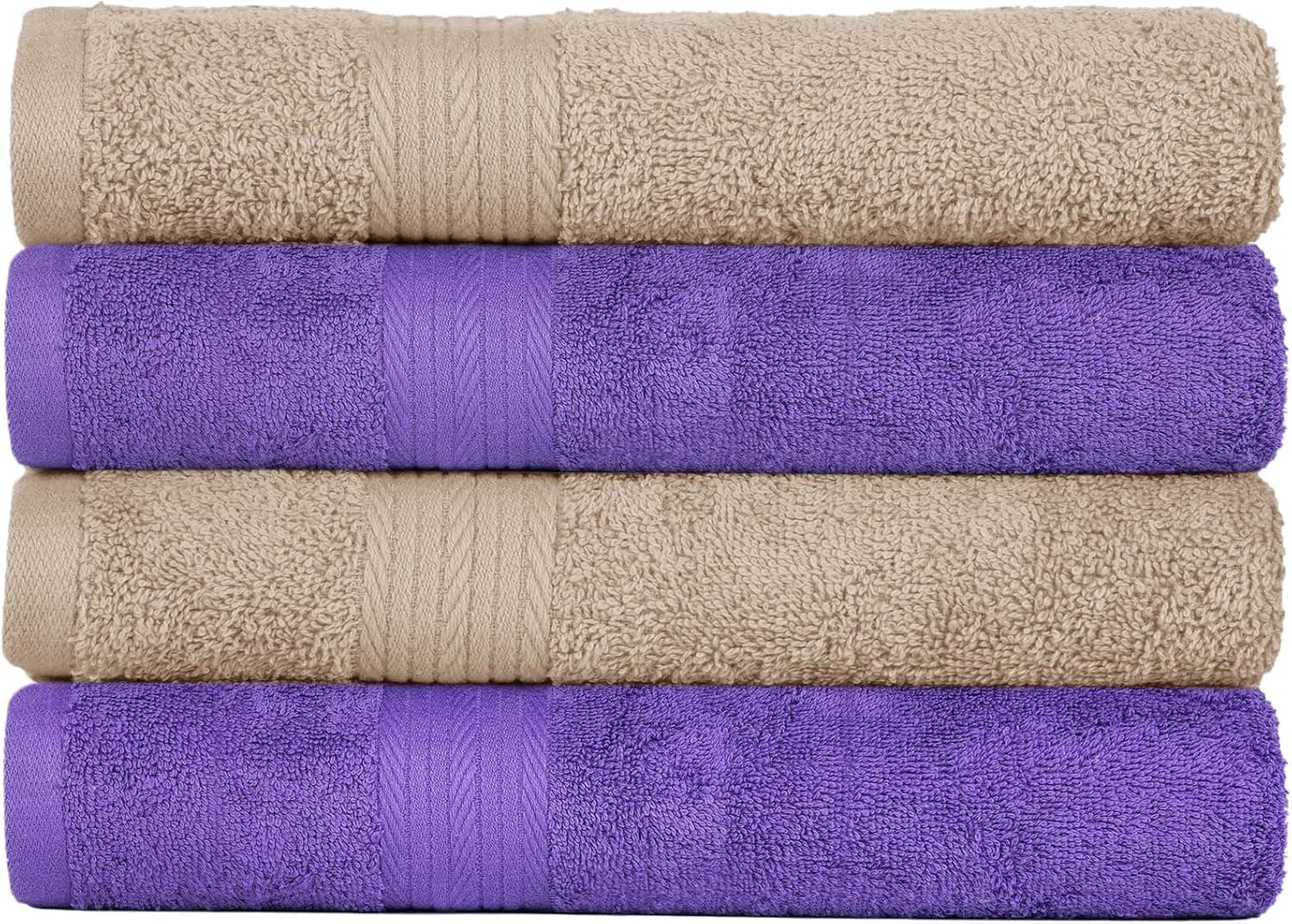 Ample Decor Hand Towels Pack of 4 600 GSM 100% Cotton, OEKO Tex Certified Super Soft Highly Absorbent Assorted, Quick Drying Solid Construction Absorbent Machine Washable - Beige & Purple-18 X 28 Inch